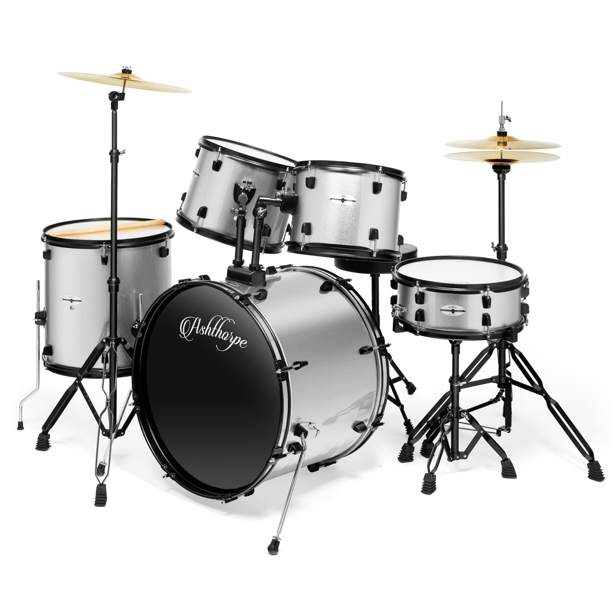 5-Piece Complete Full Size Adult Drum Set with Remo Batter Heads - Silver