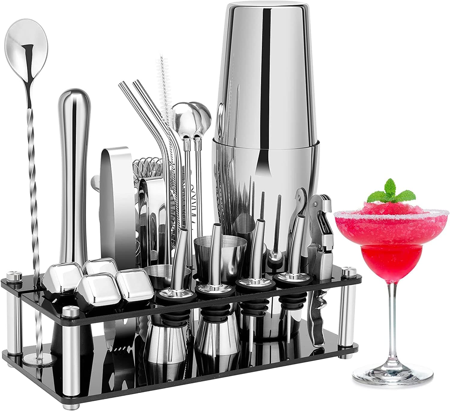 MIXDE Cocktail Shaker Set, 23-Piece Stainless Steel Bartender Kit with Acrylic Stand & Cocktail Recipes Booklet, Professional Bar Tools for Drink Mixing, Home, Bar, Party (Include 4 Whiskey Stones)