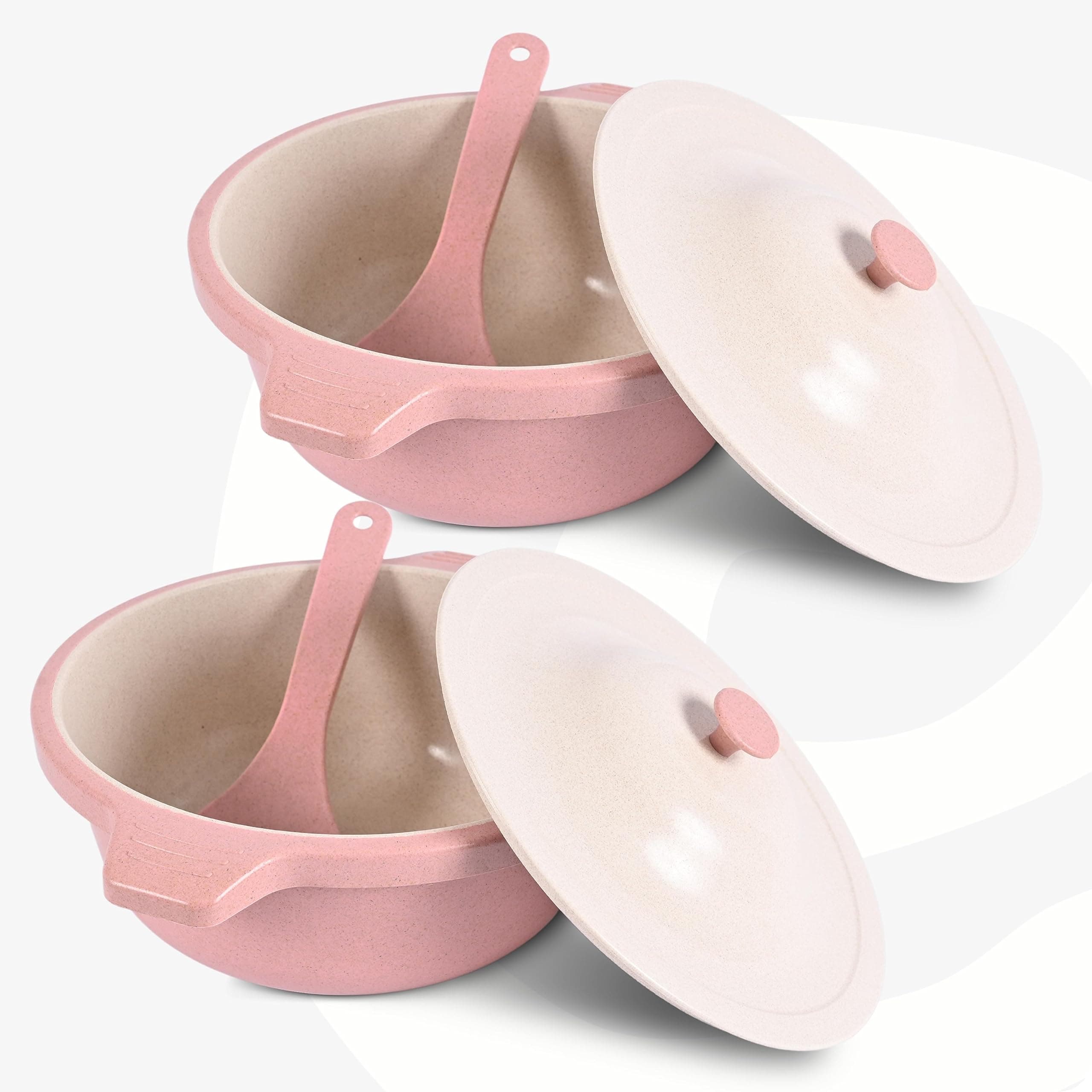 Eha Earth Friendly Serving Bowls With Lid | Microwave Safe | Made With Rice Husk And Bamboo Fibers | 2500 Ml Each | Set Of 2 | Innocent, Pink