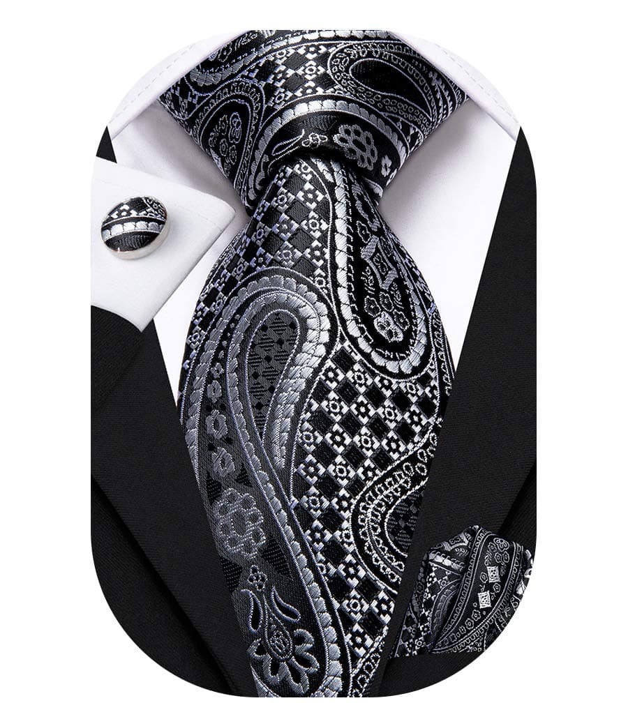 Silk Paisley Necktie and Pocket Square Cufflinks Set