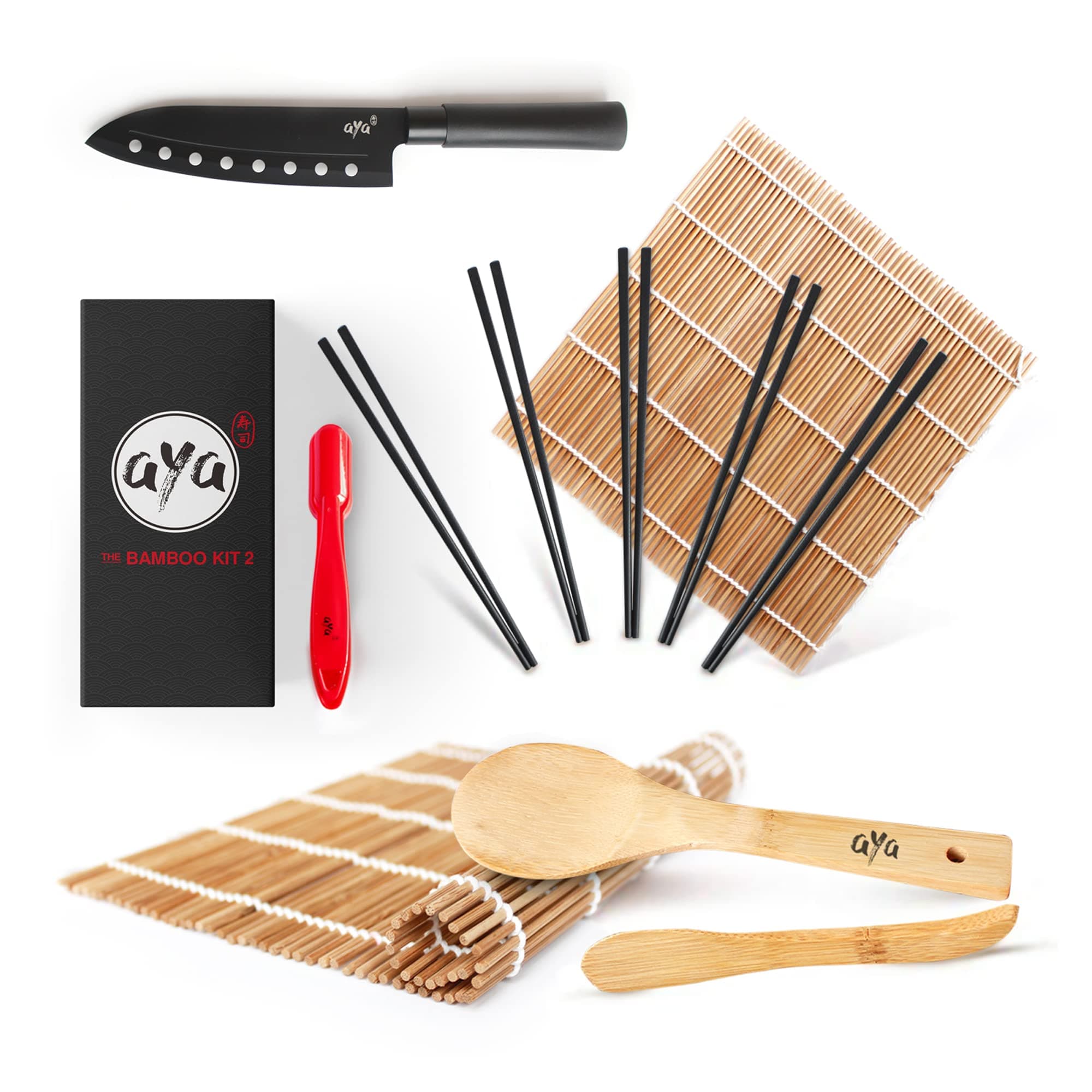 AYA Sushi Making Kit Bamboo Kit 2, Complete with Sushi Chef Knife, Online Video Tutorials, 2 Rolling Mats, Paddle, Spreader, 5 Pairs of Fiberglass Chopsticks, DIY Nigiri Maker