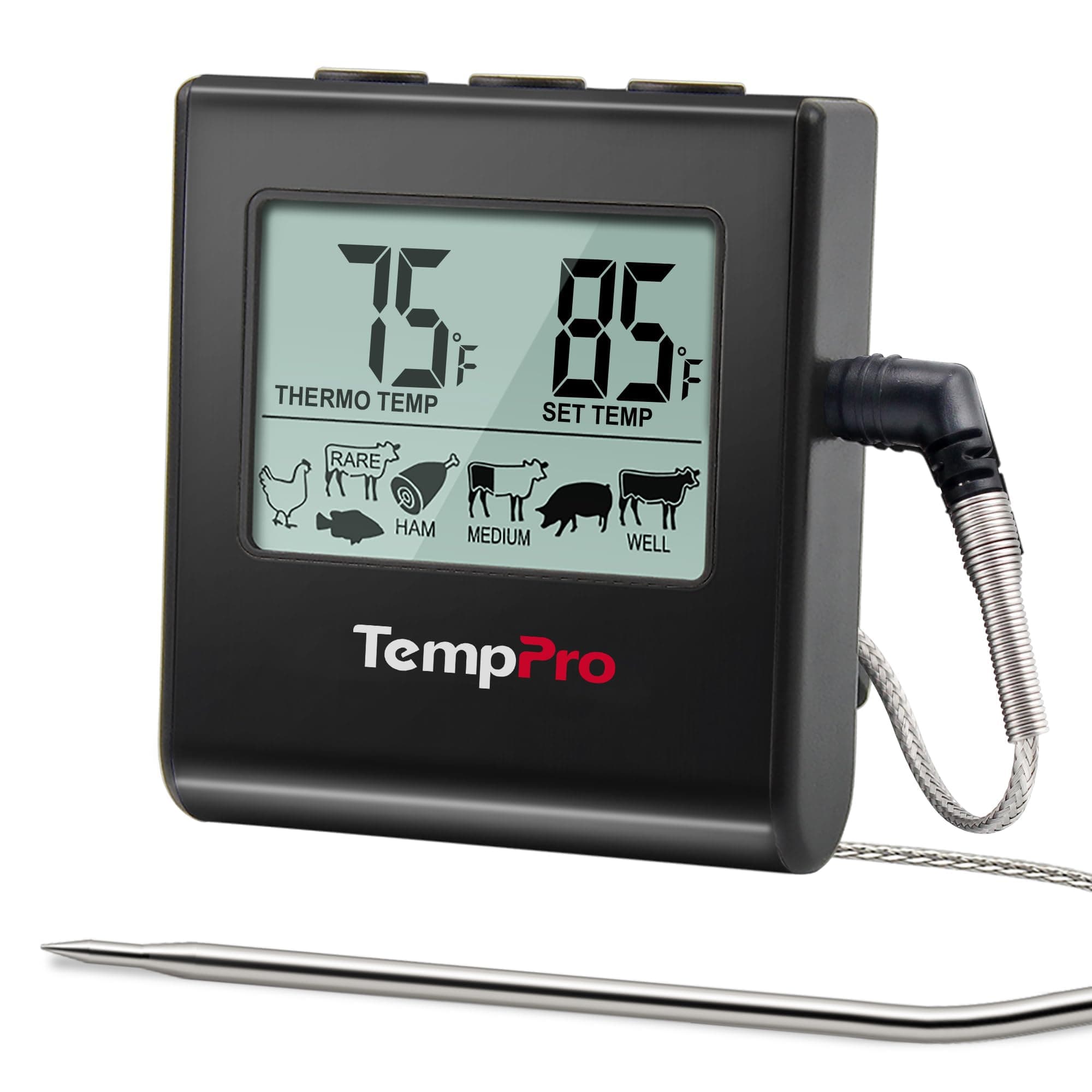 TempPro TP16 Large LCD Digital Meat Thermometer for Cooking, Smoking, Grilling, BBQ Food Temperature Indicator with Clock Timer and Stainless Steel Probe, Black(Previously ThermoPro)