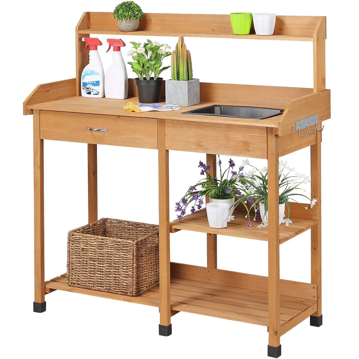Yaheetech Potting Bench Outdoor Garden Work Bench Station Planting Solid Wood Construction for Horticulture w/Sink Drawer Rack Shelves Natural Wood