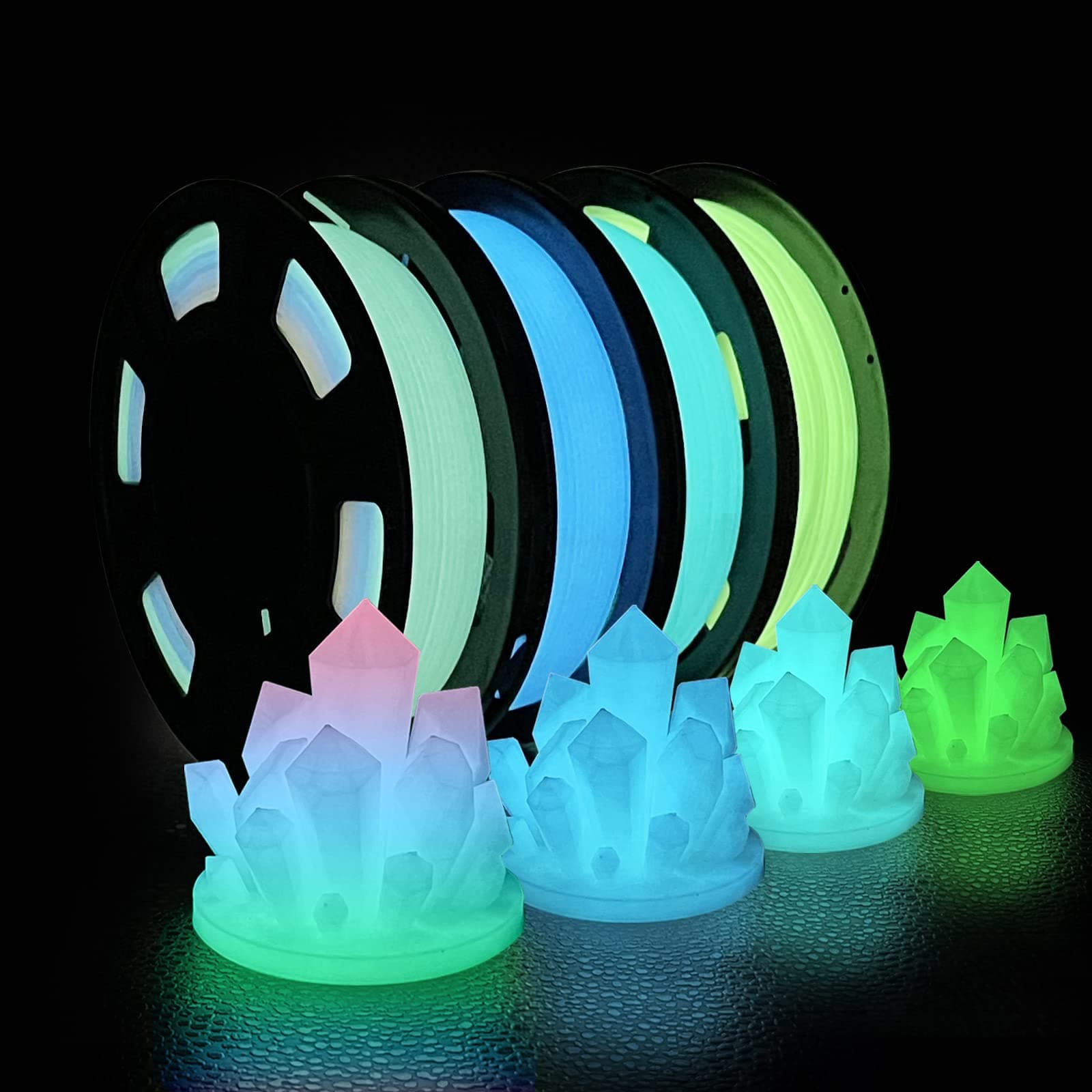 Glow in the Dark Filament Bundle - Multicolor, Green, Blue & Blue-Green, PLA 1.75mm, +/-0.02mm Accuracy, 250g x 4 Pack