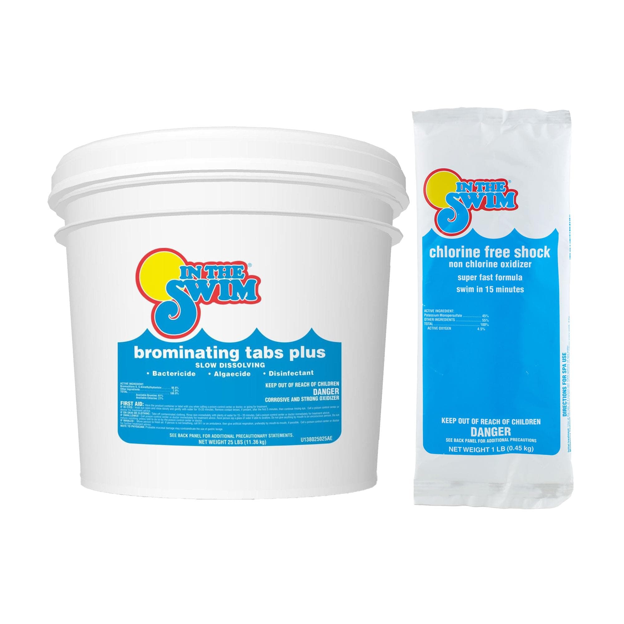 In The Swim Chlorine-Free Shock Bundle and Bromine Plus: Includes 24 x 1 Pound Bags Chlorine-Free Shock and 25 Pound Bucket of Bromine Plus - Effective Low Odor Alternative
