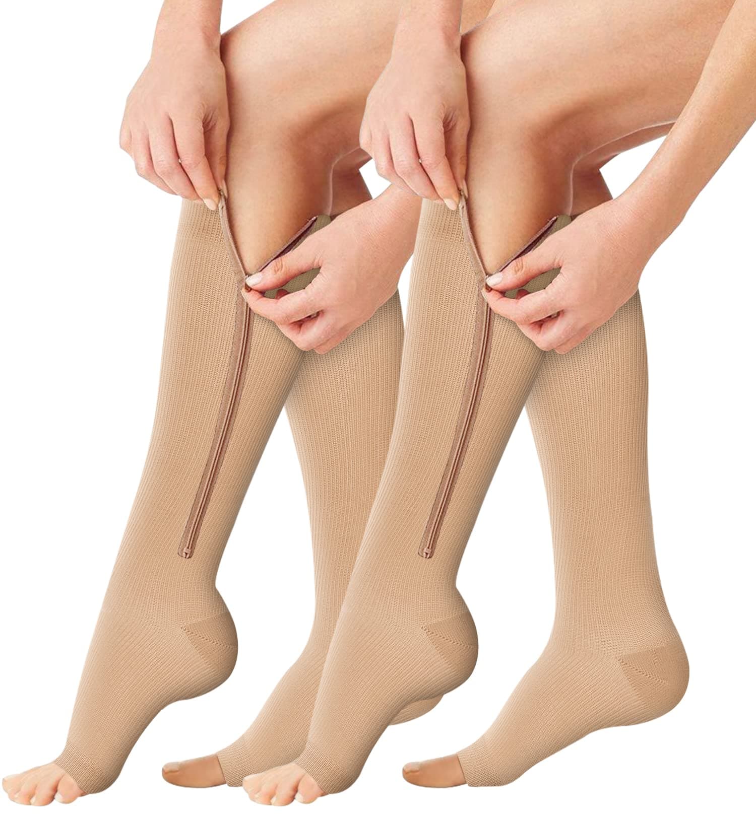 BLUEENJOY Zipper Compression Socks - 2 Pairs 15-20mmHg Open Toe Toeless Compression Socks for Women and Men