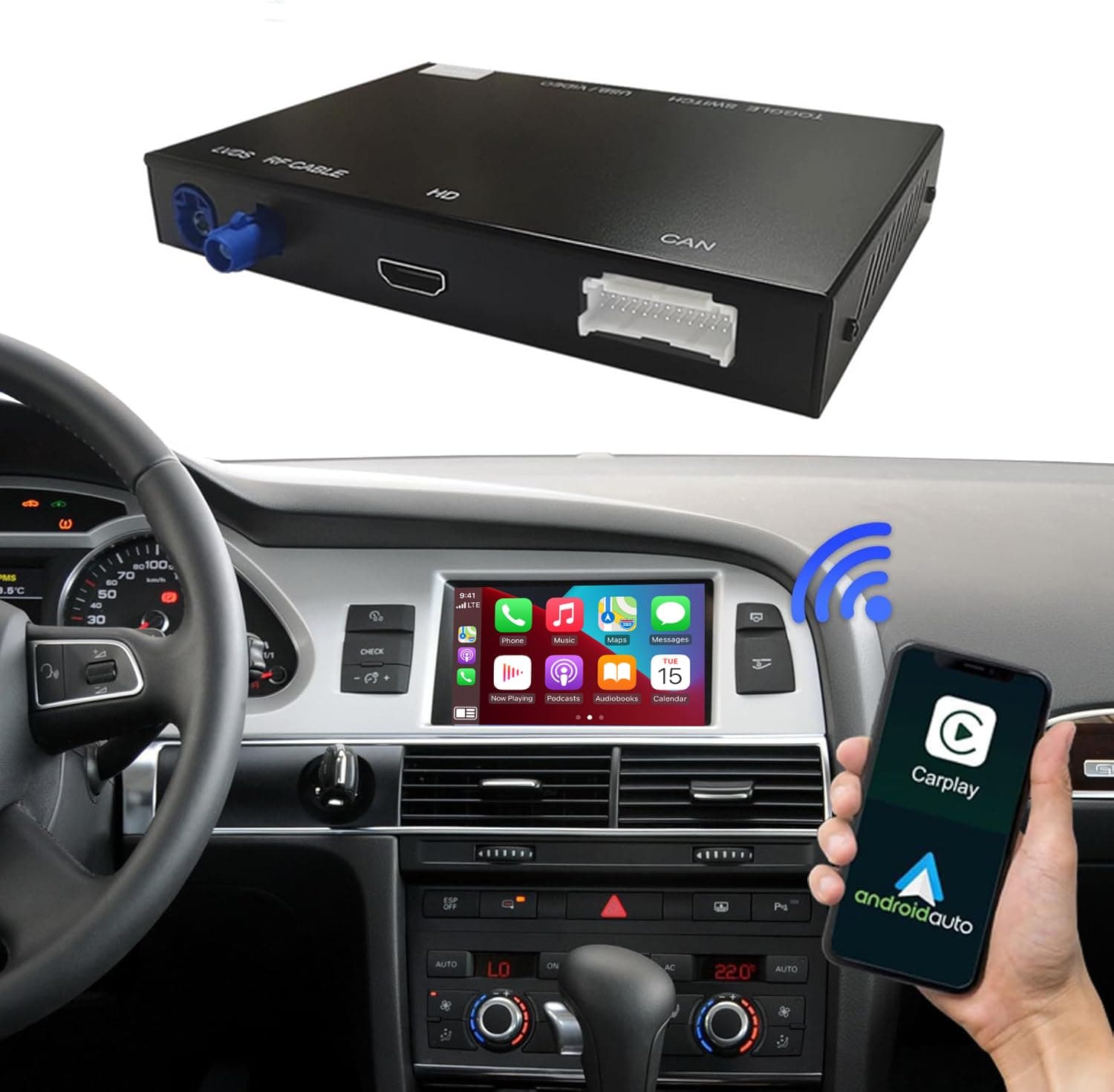 Road Top Wireless Carplay Compatible with Apple Carplay & Android Auto, Compatible with Audi A6 S6 2010-2011 Year, with Audi Q7 2010-2015 Year with MMI 3G System, Carplay Retrofit Kit Decoder