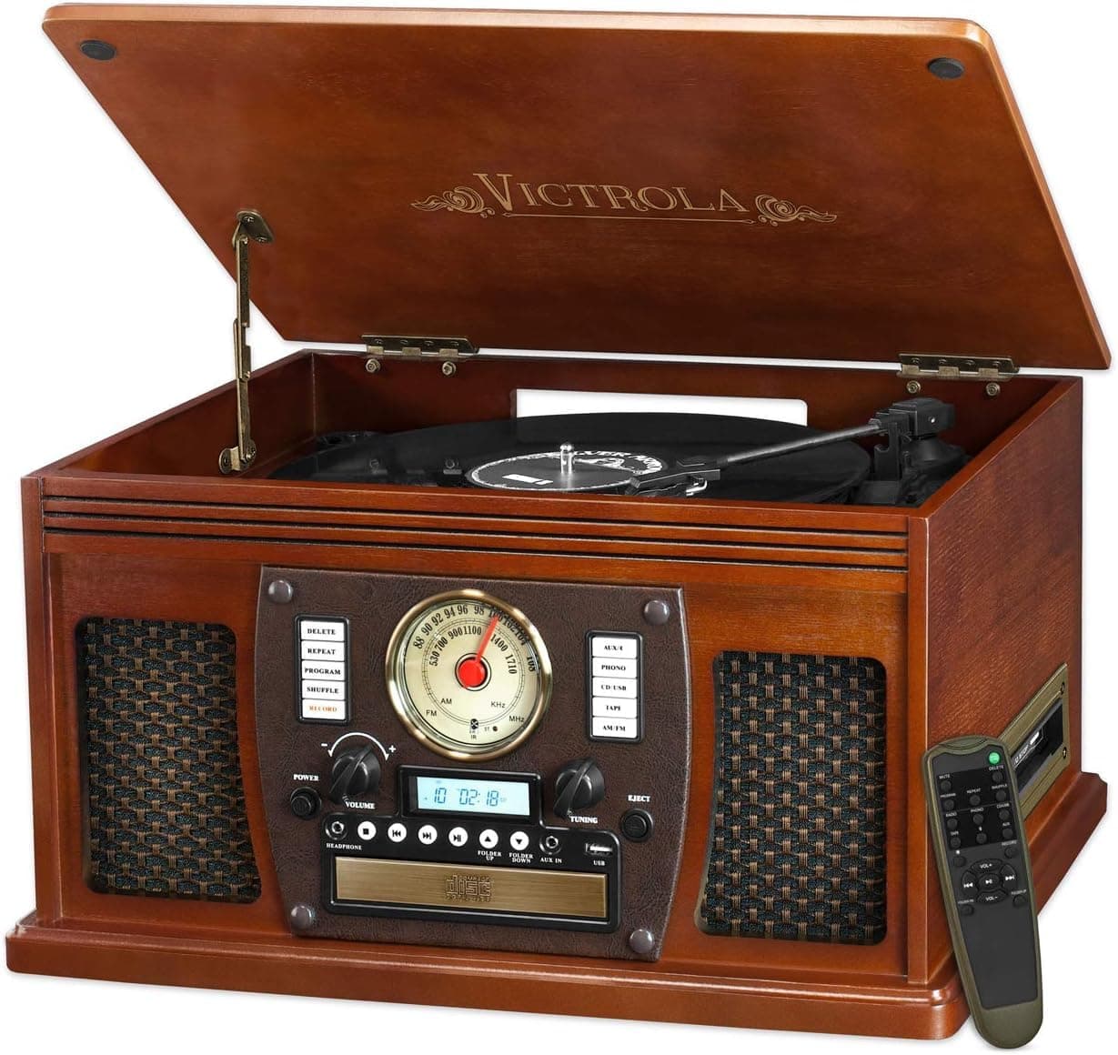 Navigator 8-in-1 Bluetooth Record Player with Built-in Speakers– 3 Speed Turntable, CD Player, Cassette, FM Radio, USB, RCA Out, Headphone Jack, Wireless Music Streaming, Real Wood (Mahogany)