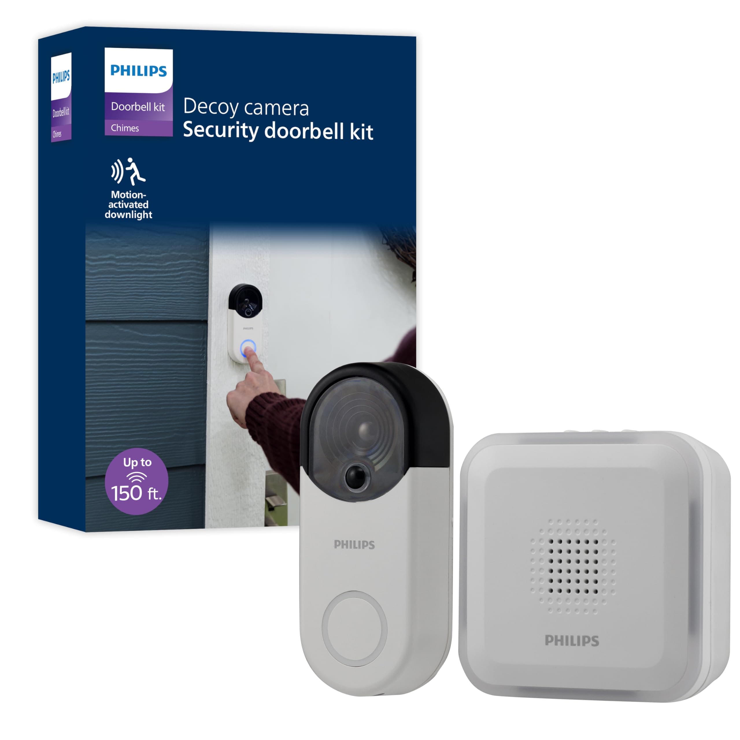 Philips Wireless Security Doorbell Chime Kit, Decoy Doorbell Camera, Motion-Activated Light, Decoy Doorbell Home Security Cameras, Wireless Doorbell Chime, 150 Ft Range, White, DES6572WB/37