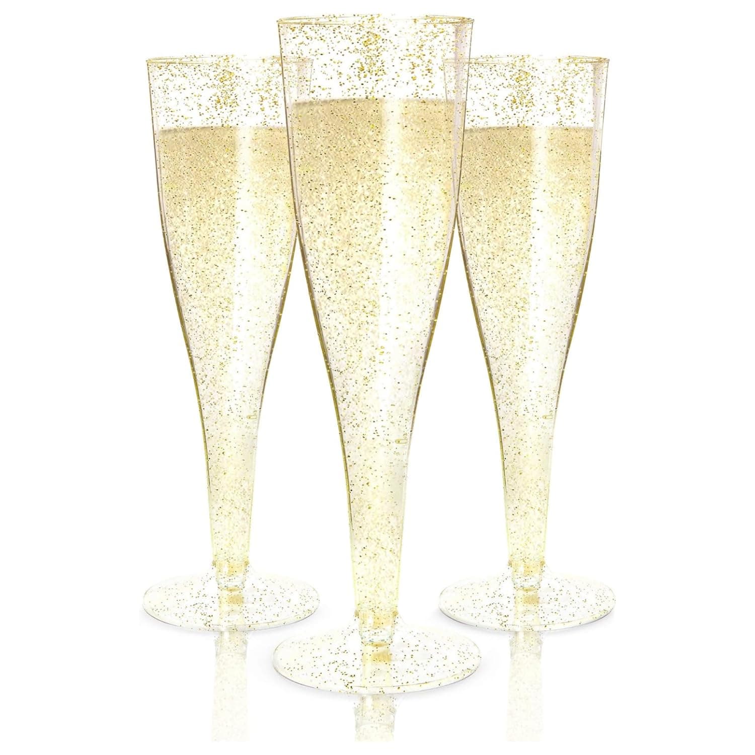 Prestee 100 Gold Plastic Champagne Flutes - 4.5 oz Disposable Champagne Glasses for Toasting at Weddings, Mimosas, Cocktails, Great Gatsby Party Decorations, and Events