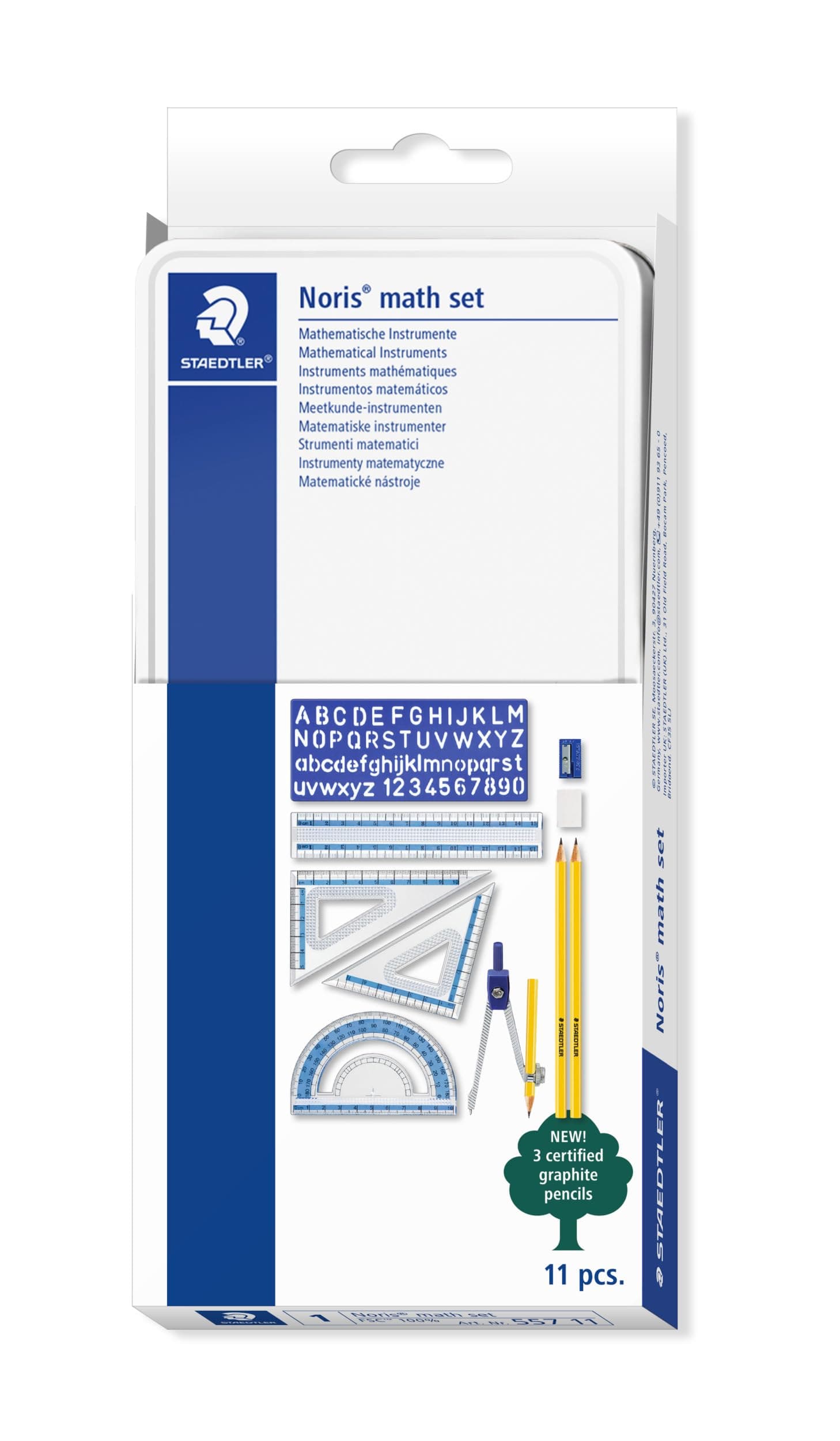 STAEDTLER 557 11 Noris Maths Set with Storage Tin (11 Pieces including Compass, Ruler, Protractor and Set Squares)