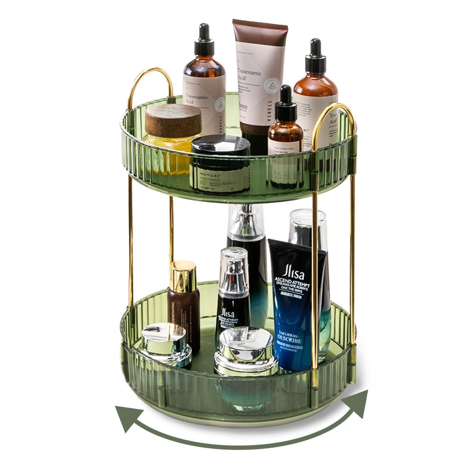 Asayuee 360 Rotating Makeup Organizer for Vanity,2 Tier Large Capacity Skincare Organizers,Bathroom Counter Organizer, Spinning Perfume Organizer & Vanity Organizer (Green-2 Tier)