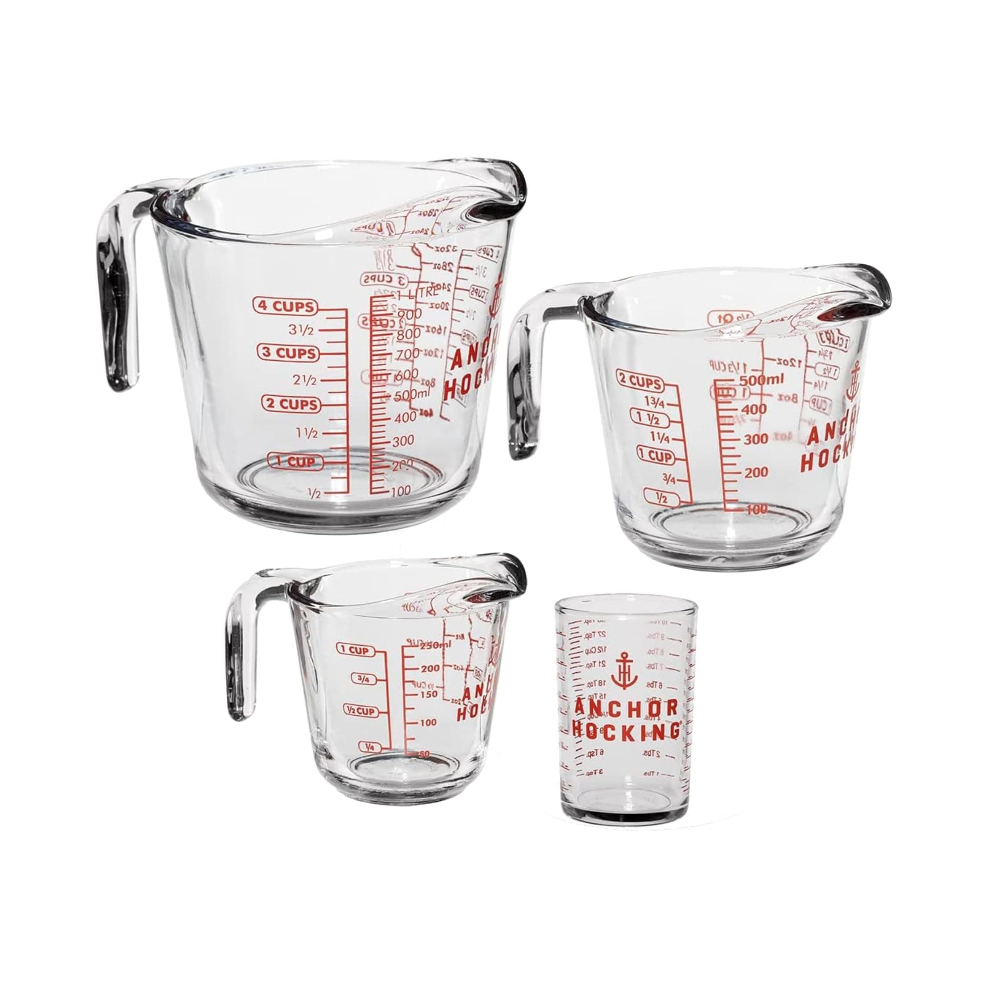 Anchor Hocking Glass Measuring Cups, 4 Piece Set - 5 oz, 1-Cup, 2-Cup, 4-Cup
