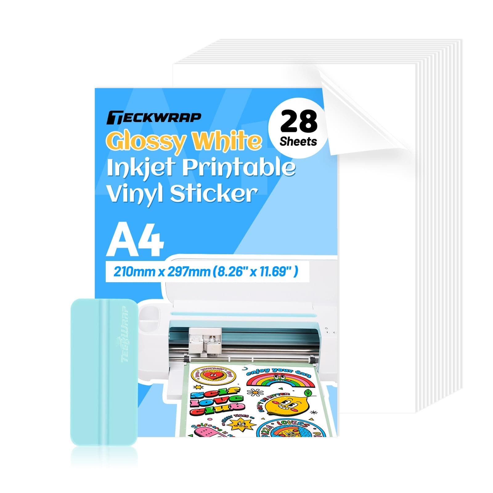 Inkjet Printable Vinyl Sticker Paper, A4 Size, 28 Sheets, Glossy White, Waterproof, Self-Adhesive