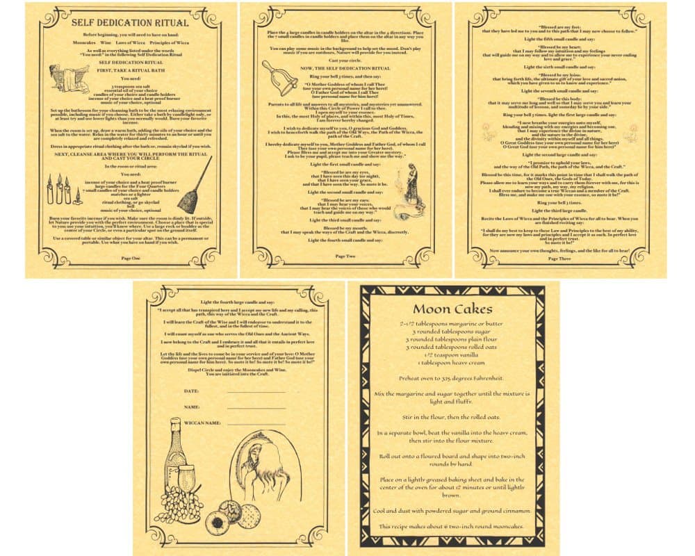 Self Dedication Ritual, 5 Book of Shadows Pages, Wicca, Witchcraft, Wiccan Spell (Gold)