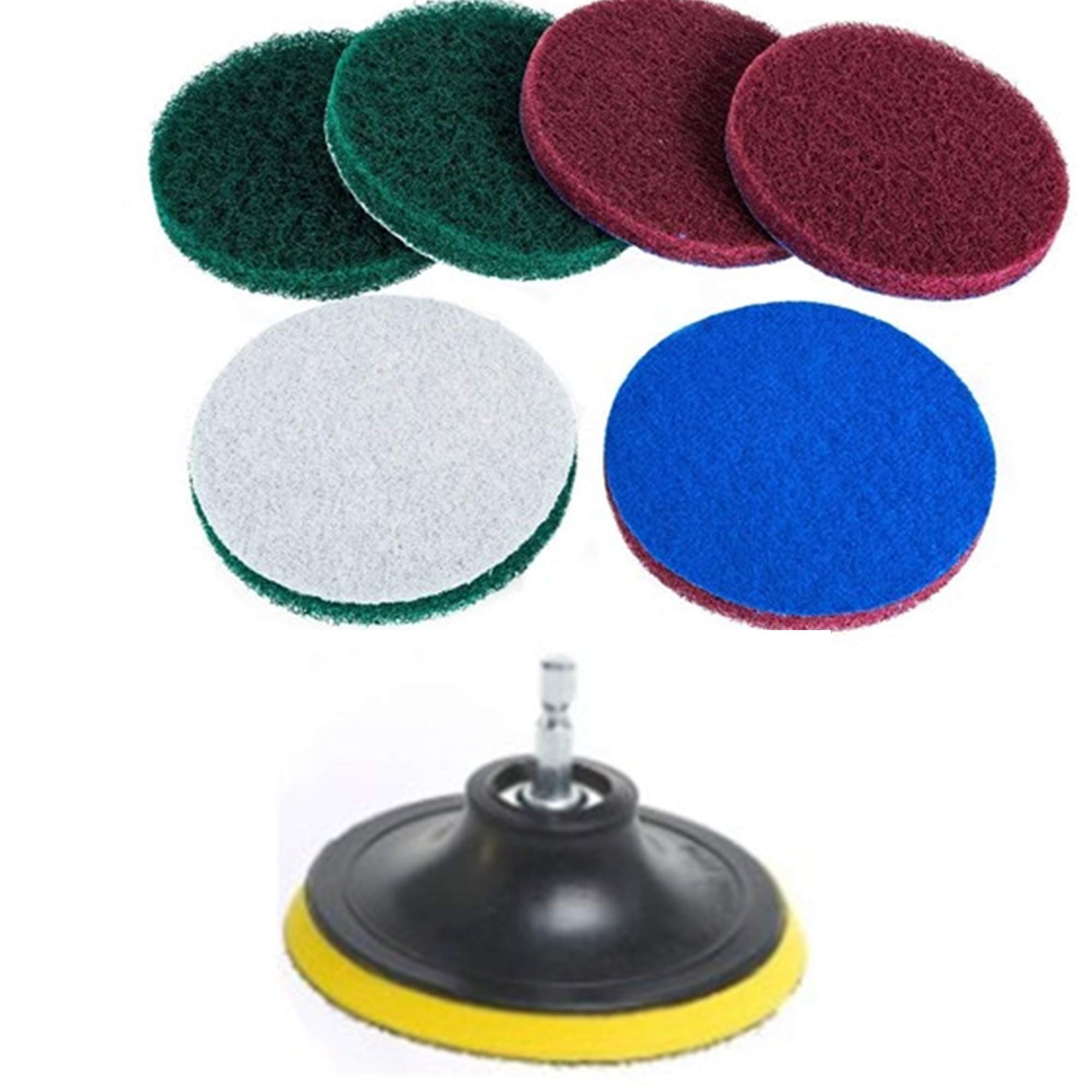 DUOSHIDA 4 Inch Drill Powered Brush Tile Scrubber Scouring Pads Cleaning Kit, 2 Different Stiffness, 4-Inch Disc Pad Holder with 6 Scrubbing Pads, Cleans Large Flat Areas Perfectly (4-inch)