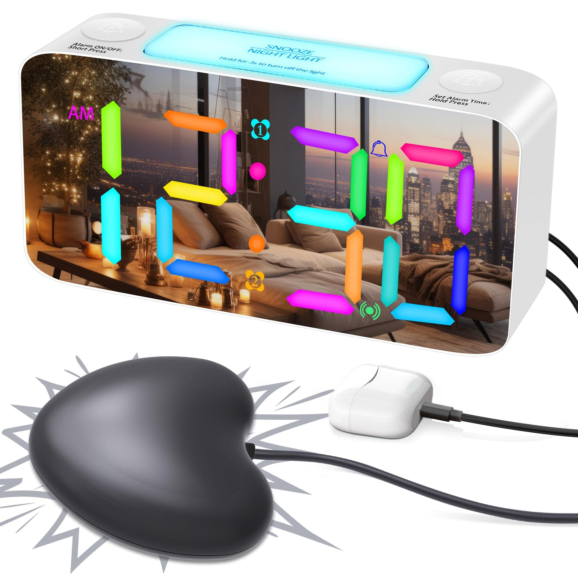 RGB Extra Loud Alarm Clock for Heavy Sleeper Hearing Impaired Deaf Bedroom, Vibrating Alarm Clock with Bed Shaker,15-Color Modes/7" Large Mirror Display/4 Dimmer,Night Light,USB Charger,Battery Backup