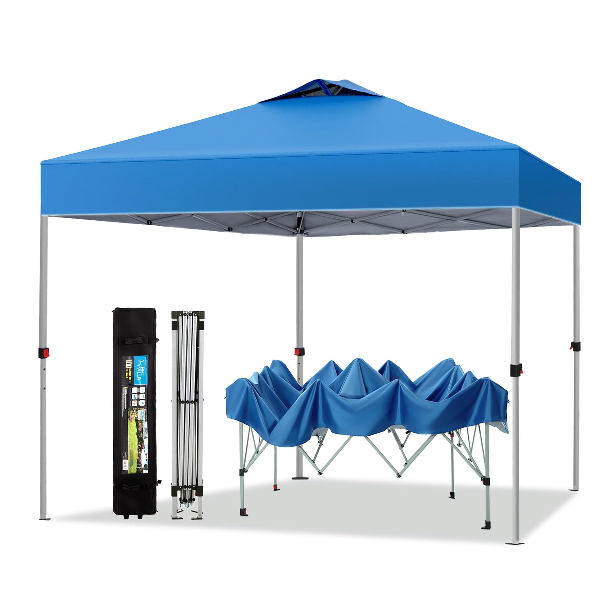 PHI VILLA 10x10 Pop Up Canopy Tent Easy Outdoor Sun Shade for Events Party Tent, 100 Sq. Ft of Shade, Blue