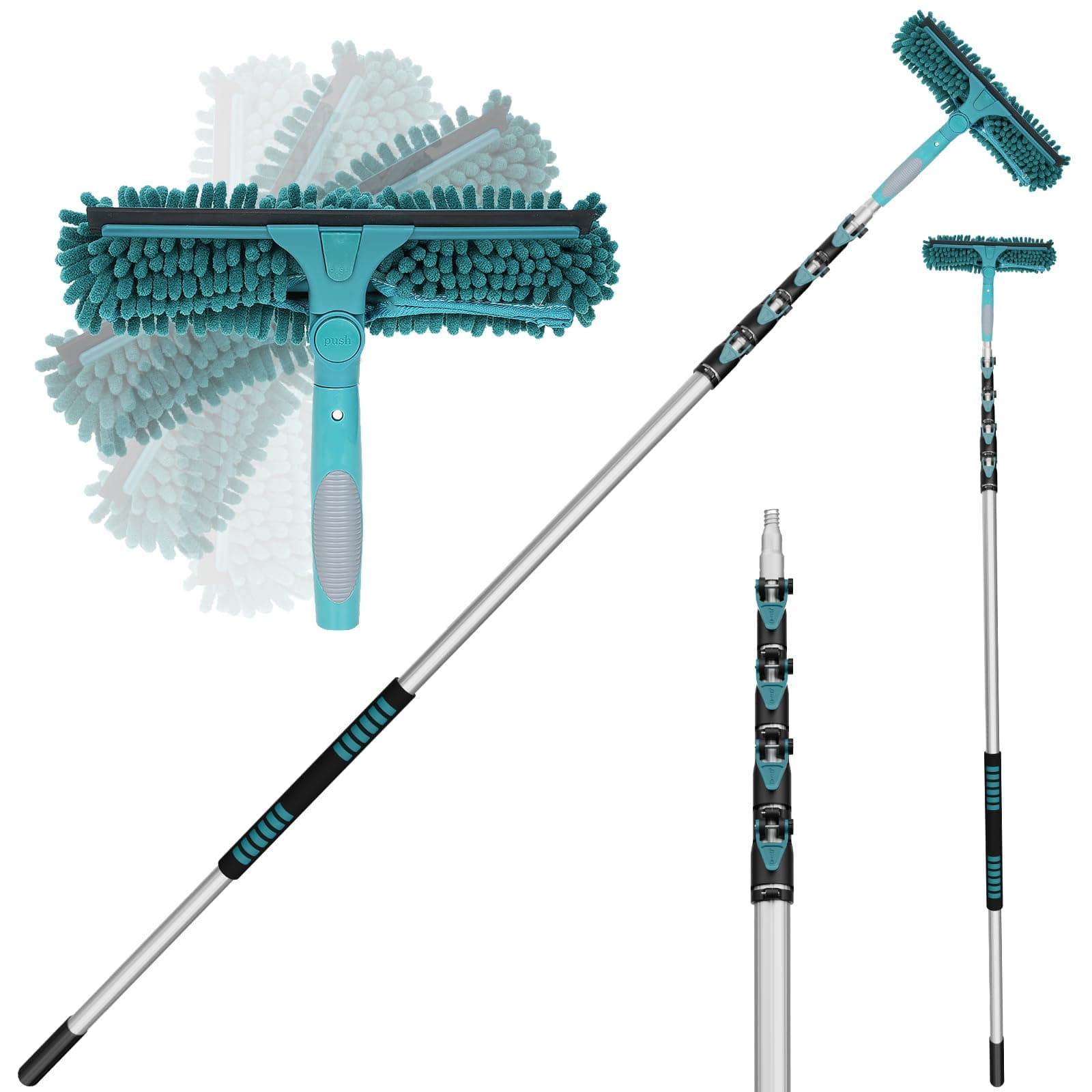36 Feet High Reach Window Squeegee with 7-30 Ft Extension Pole, Window Cleaner Tool with 5-Stage Telescoping Pole, Window Cleaning Kit with Rotatable Head (2 Squeegee & 2 Microfibre Cloths)