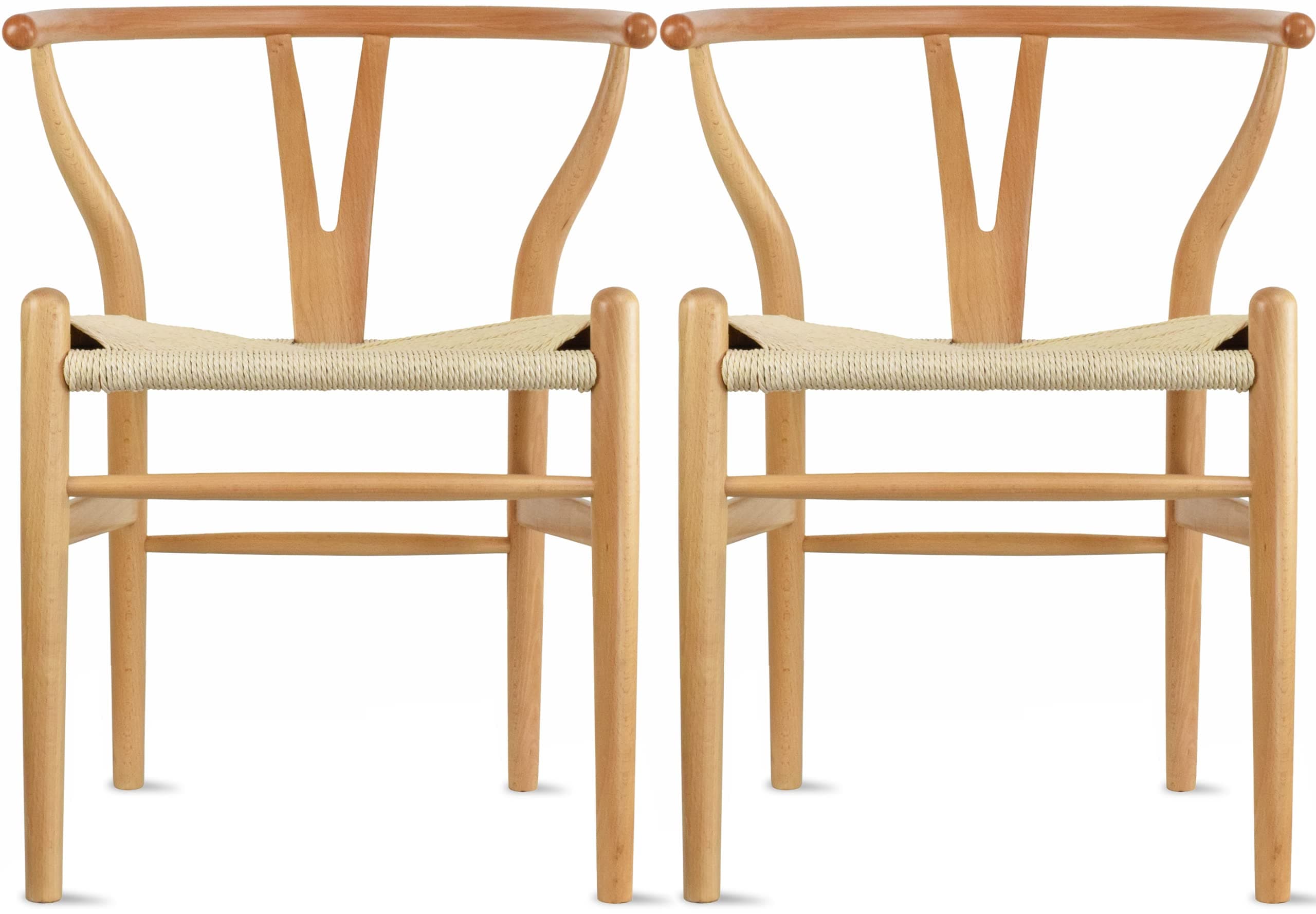 2xhome Set of 2 Wishbone Solid Wood Armchairs with Arms Open Y Back Farmhouse Dining Office Chairs with Woven Beige Seat (Natural Beige)