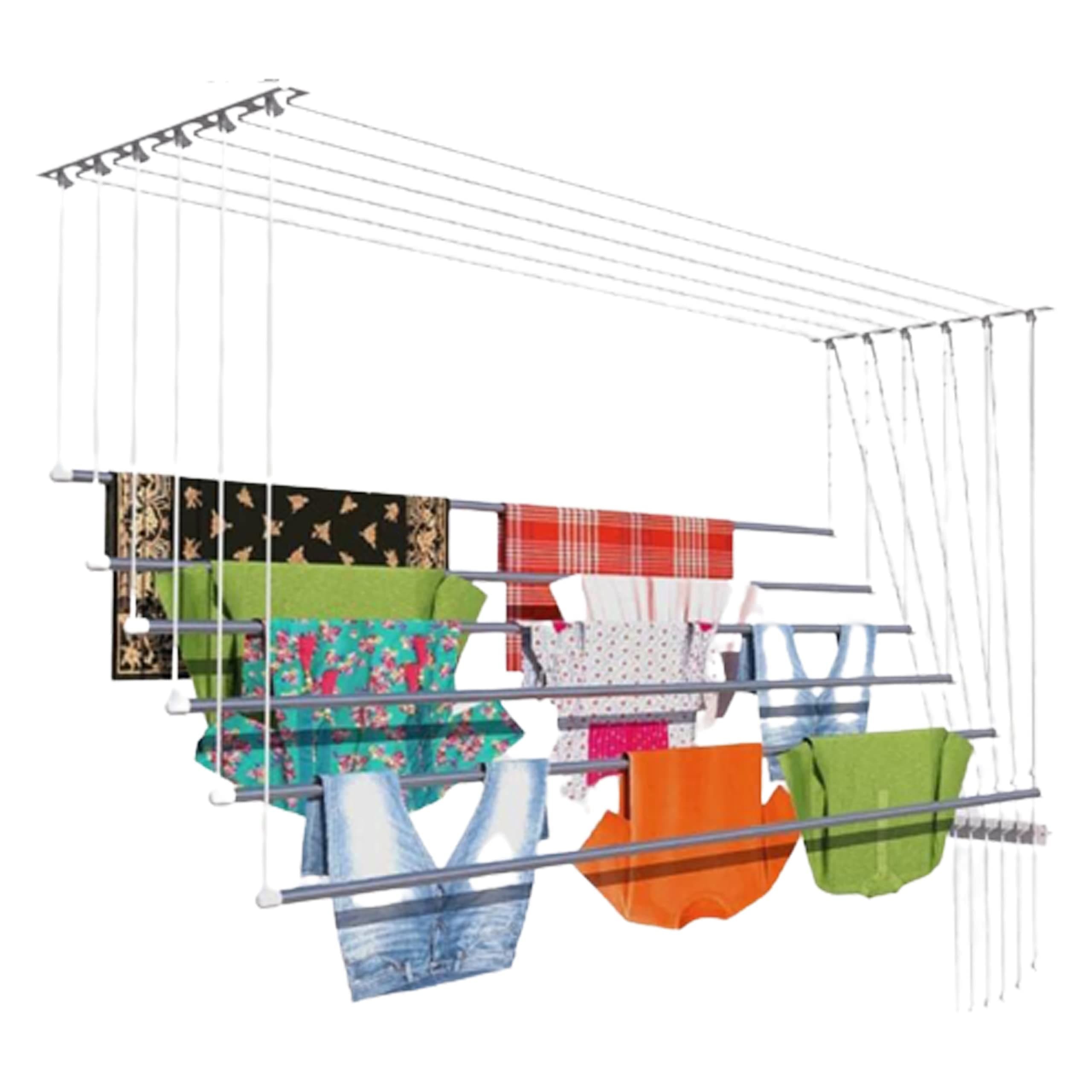 Skywave Luxury Premium Rust Proof Stainless Steel Ceiling Clothes Dryer Hanger with UV Protected Nylon Ropes Individual dropdown, Clothes Drying Rack for Balcony Iron Bracket (6 FEET x 6 Pipes)