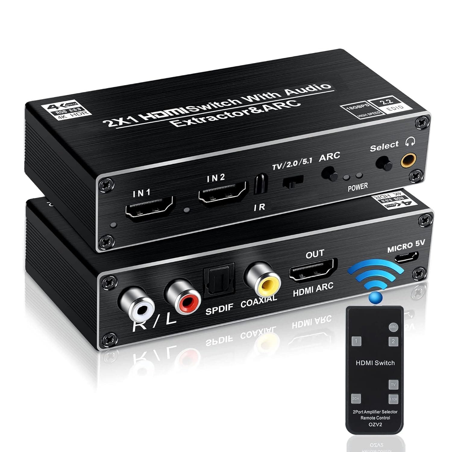 HDMI Switch 2 in 1 out 4K@60hz, 2-port HDMI Switcher Audio Extractor Optical Toslink SPDIF+Coaxial+Analog RCA Stereo Audio Out,Support ARC,CEC,HDMI2.0b, HDCP 2.2,3D,Dolby TrueHD/DTS Audio