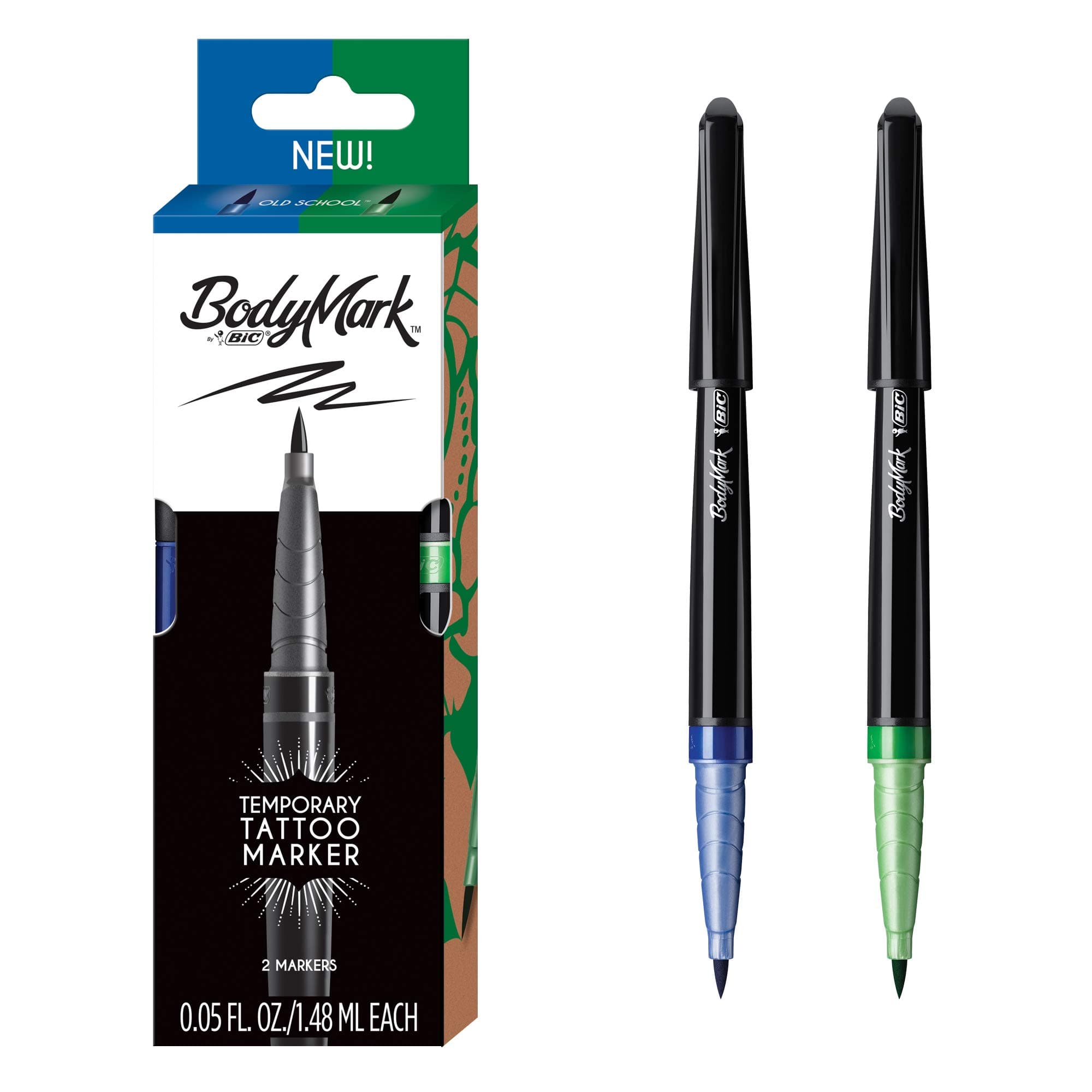 BIC BodyMark by, Temporary Tattoo Marker, Old School Inspiration, Skin Safe, Brush Tip, Assorted Colors, 2-Pack