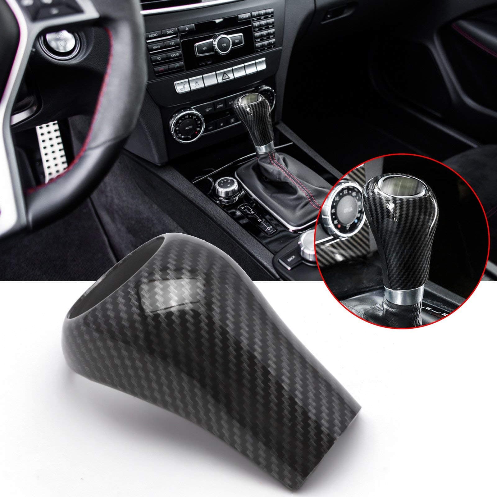x xotic tech Inner Gear Shift Knob Cap Cover Trim, Carbon Fiber Pattern, Compatible with Mercedes Benz C E G S Class CLK CLS GLK GL Class
