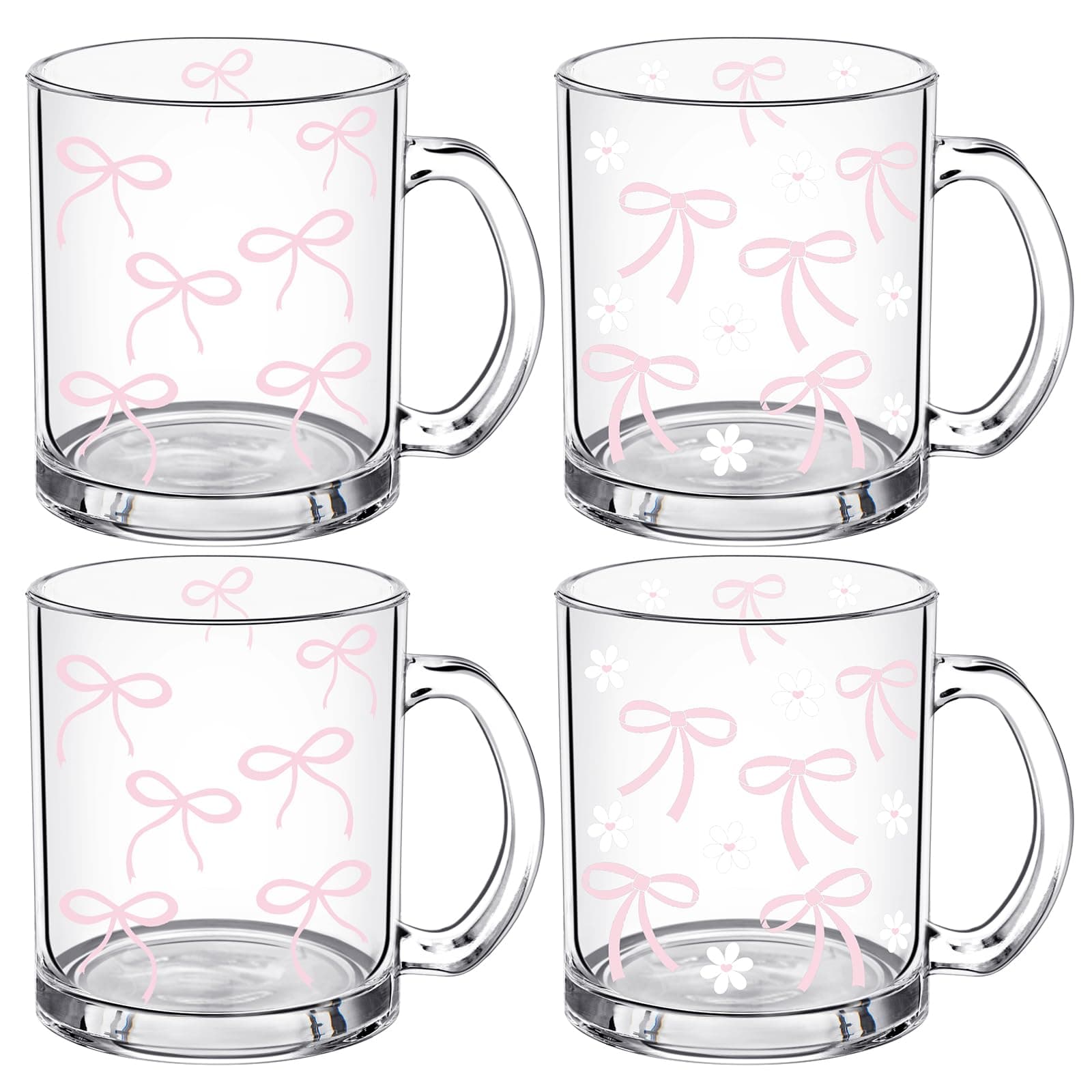 4 Pcs Cute Pink Bow Glass Cups with Handle 12 oz Coquette Aesthetic Iced Coffee Mug Tumbler Girly Preppy Gifts for Women Girls Friends Birthday Party Wedding Baby Bridal Shower Trendy Stuff