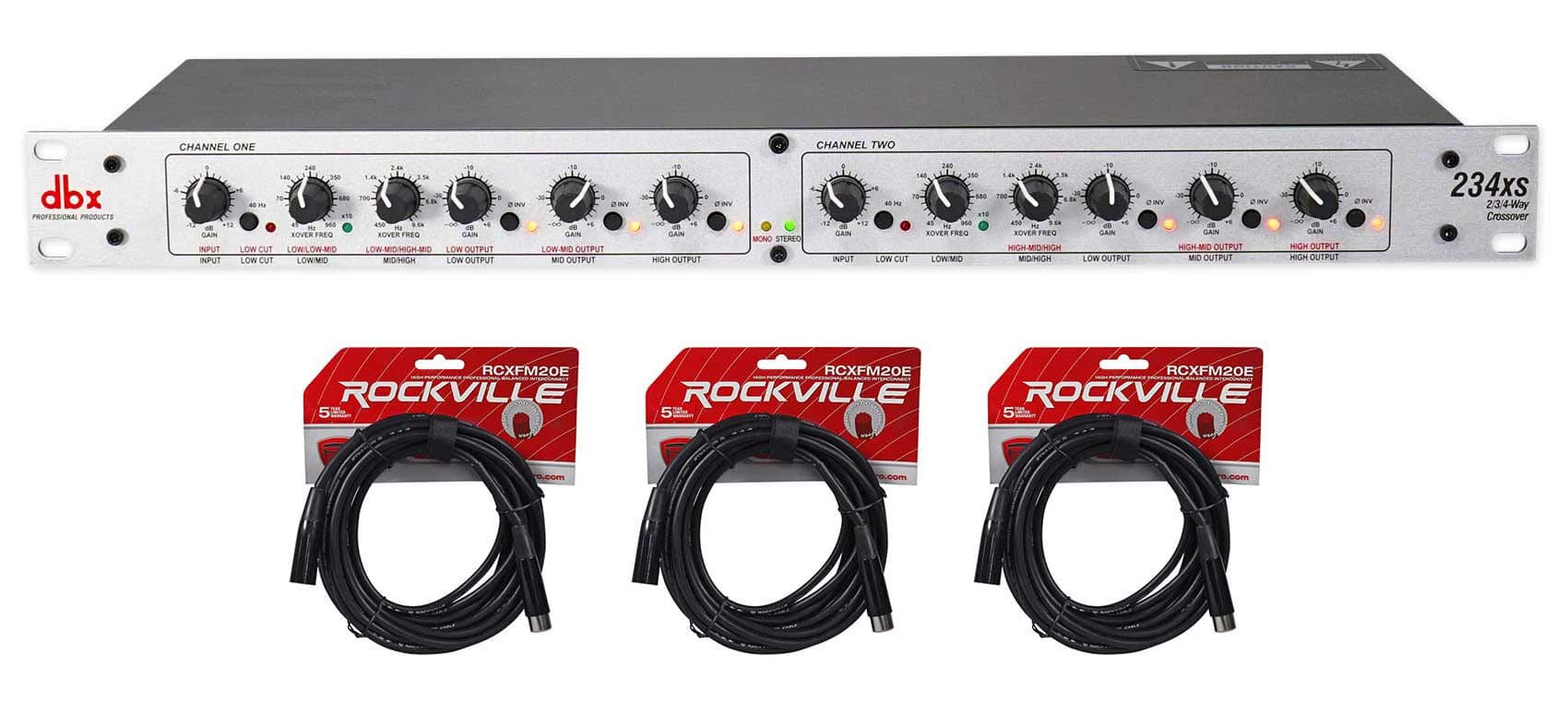 234XS Professional Crossover with 2, 3, or 4 Way Operation and Mono Bundle With (3) Rockville RCXFM20E-B 20 Foot Female to Male XLR Mic Cable Black 100% Copper