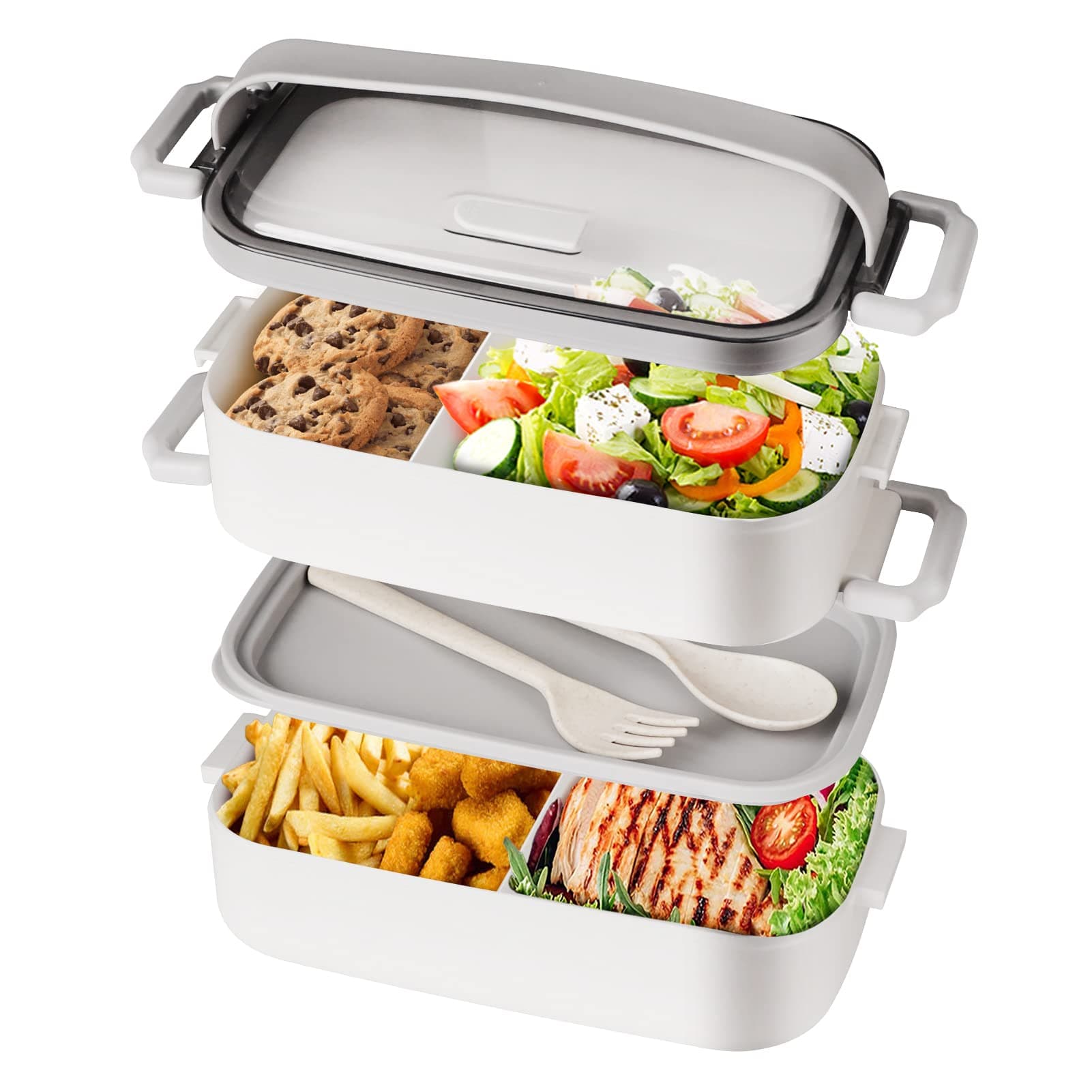 Bento Box Lunch Box for Adult, Stackable Bentobox with 2 Compartment, Include Utensil Set, Leak-Proof Container, Lunch Box Safe for Microwave and Dishwasher, BPA-Free Bento Box 1600ML White