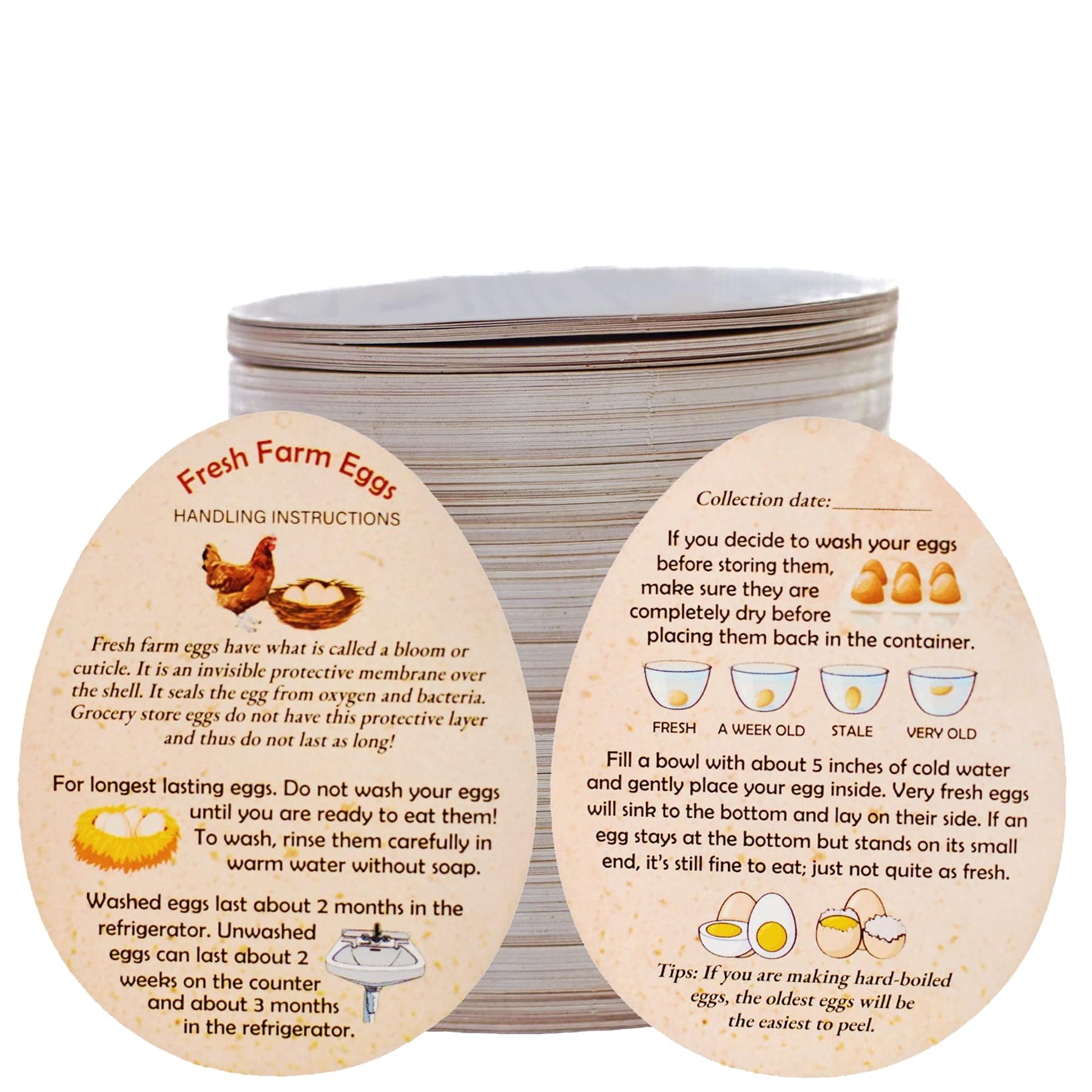 250 Pcs PREMIUM Fresh Farm Egg Handling Instruction Cards - 2.7 X 3.5 Inches - Egg Stamps For Eggs Care Egg Cartons Cheap Bulk - Egg Stamps For Fresh Eggs For Egg Cartons Reusable - Eggs Shape Style