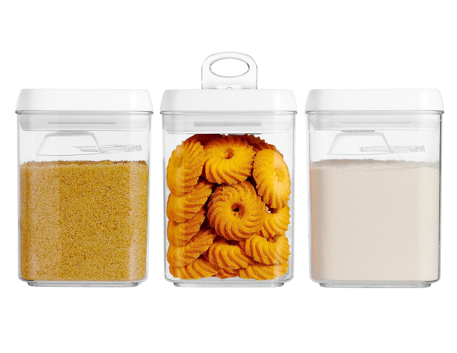 Flip Tite Storage Container with Built-In Spoon & Airtight Lid 5” Large-M Ring Flip Top, Stackable Acrylic Canister for Rice Sugar Flour Protein Powder, Kitchen Pantry Organizer (1.8qt)