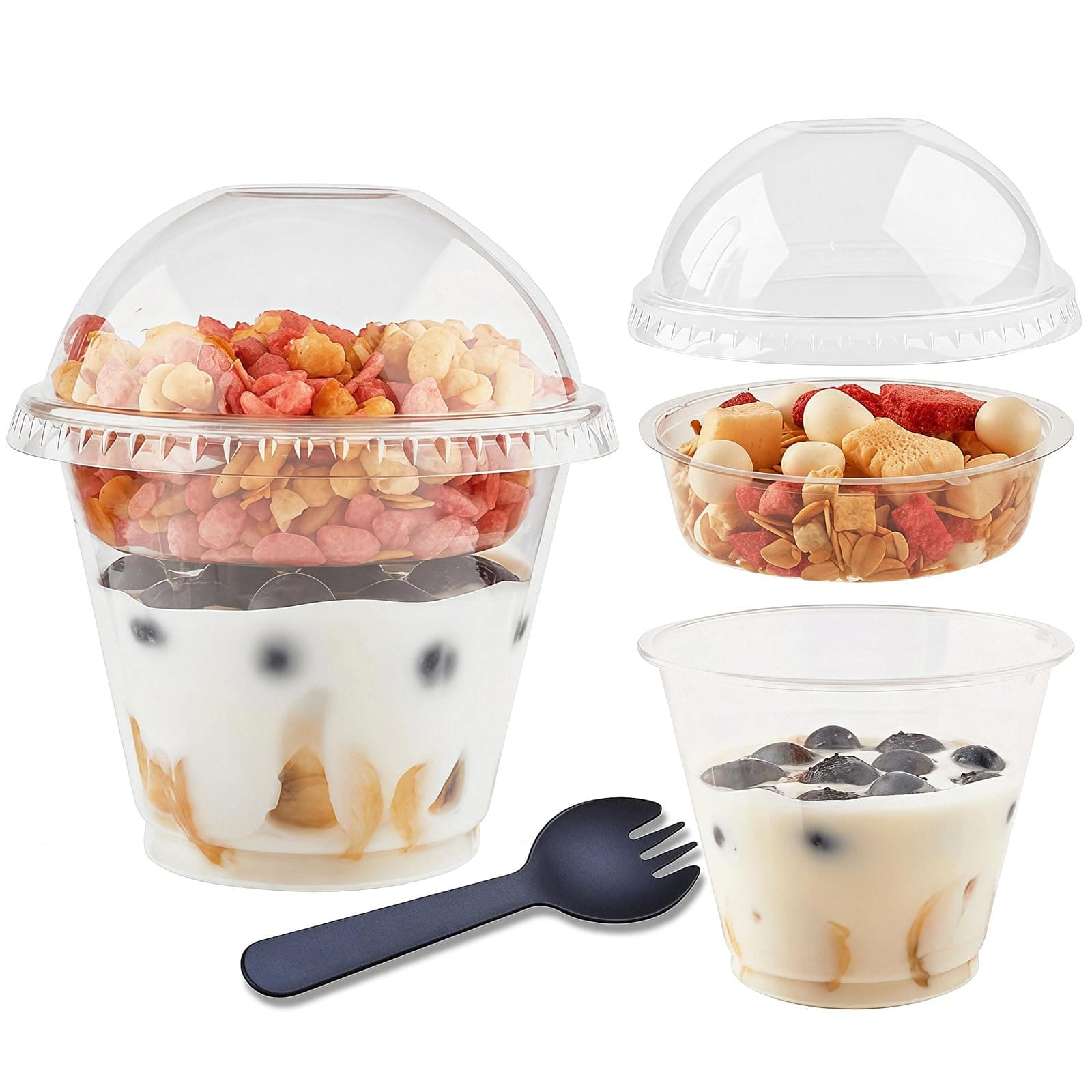 Zezzxu 50 Pack 9 oz Disposable Parfait Cups with Dome Lids No Hole, Toppings Compartment and Spork, Yogurt Conatiner with Granola Holder for Take Away Breakfast and Snacks, No Leaking