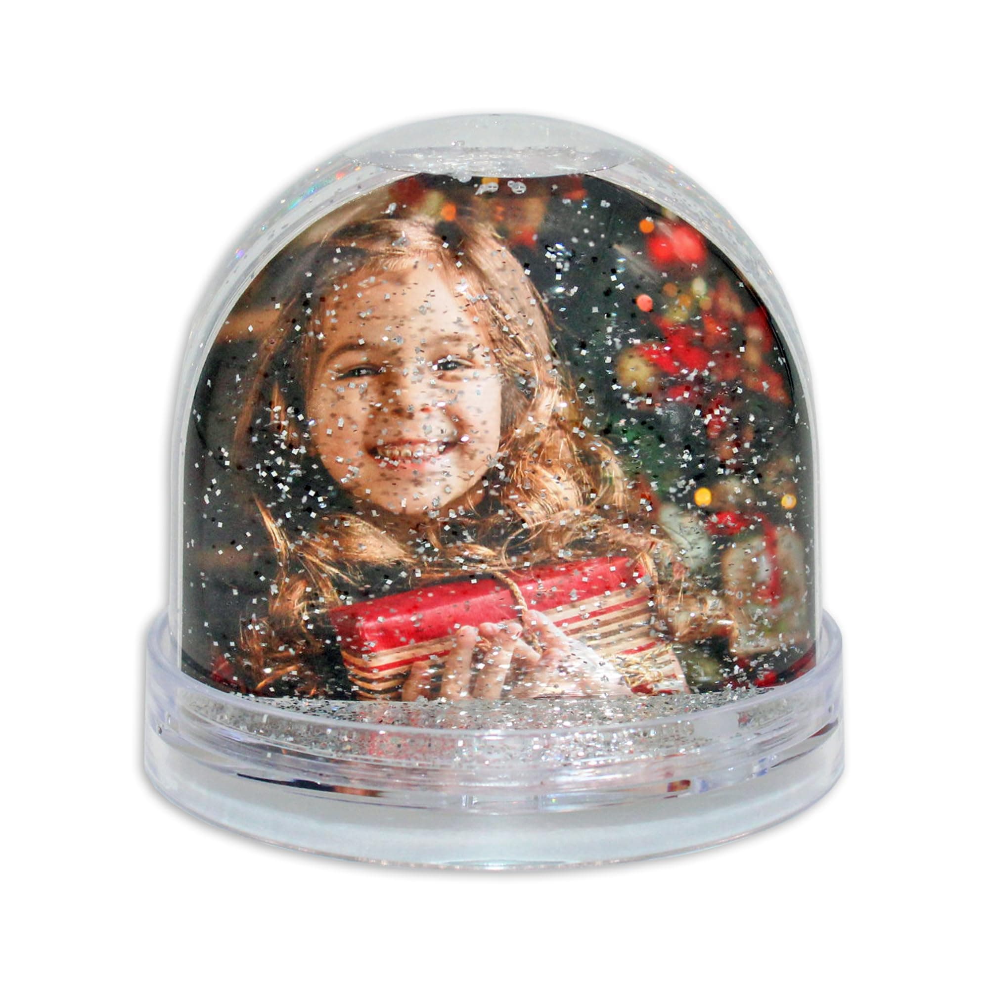 Snow Globe, Photo Frame Glitter Globe Ornament Dome holds 2 x 62 x 70 mm photos, Clear Base, Glitter (Silver) - Ideal Personalised Gifts, Father's Day Presents