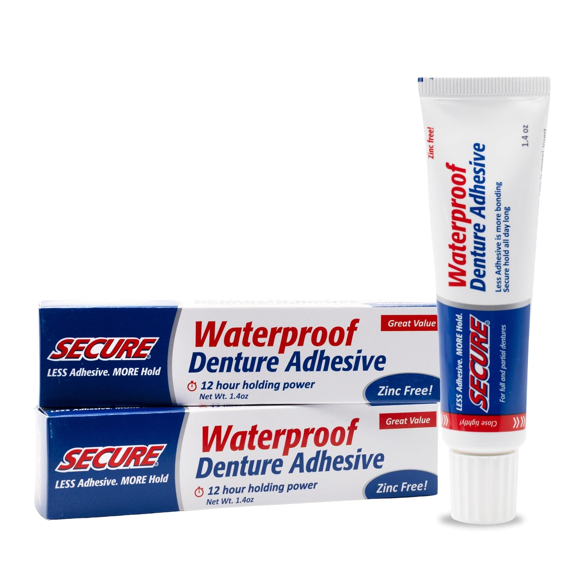 Secure Waterproof Denture Adhesive - Zinc Free - Extra Strong Hold For Upper, Lower or Partials - 1.4 oz (Pack of 2)