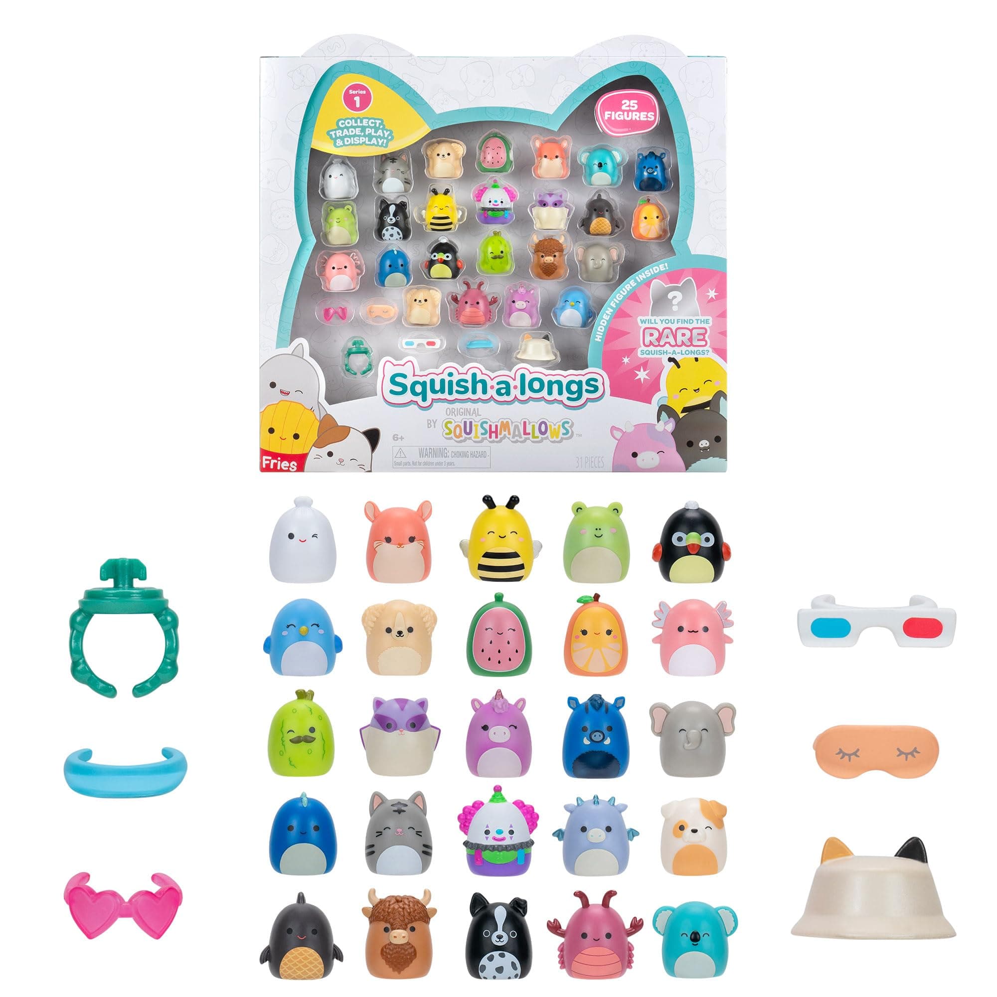 Squish-a-longs by Original Squishmallows 25 Pack - Series 1 - (25) 1” Mini-Squish with 5 Accessories, Ring, and Collector’s Guide - Collect, Trade, & Play