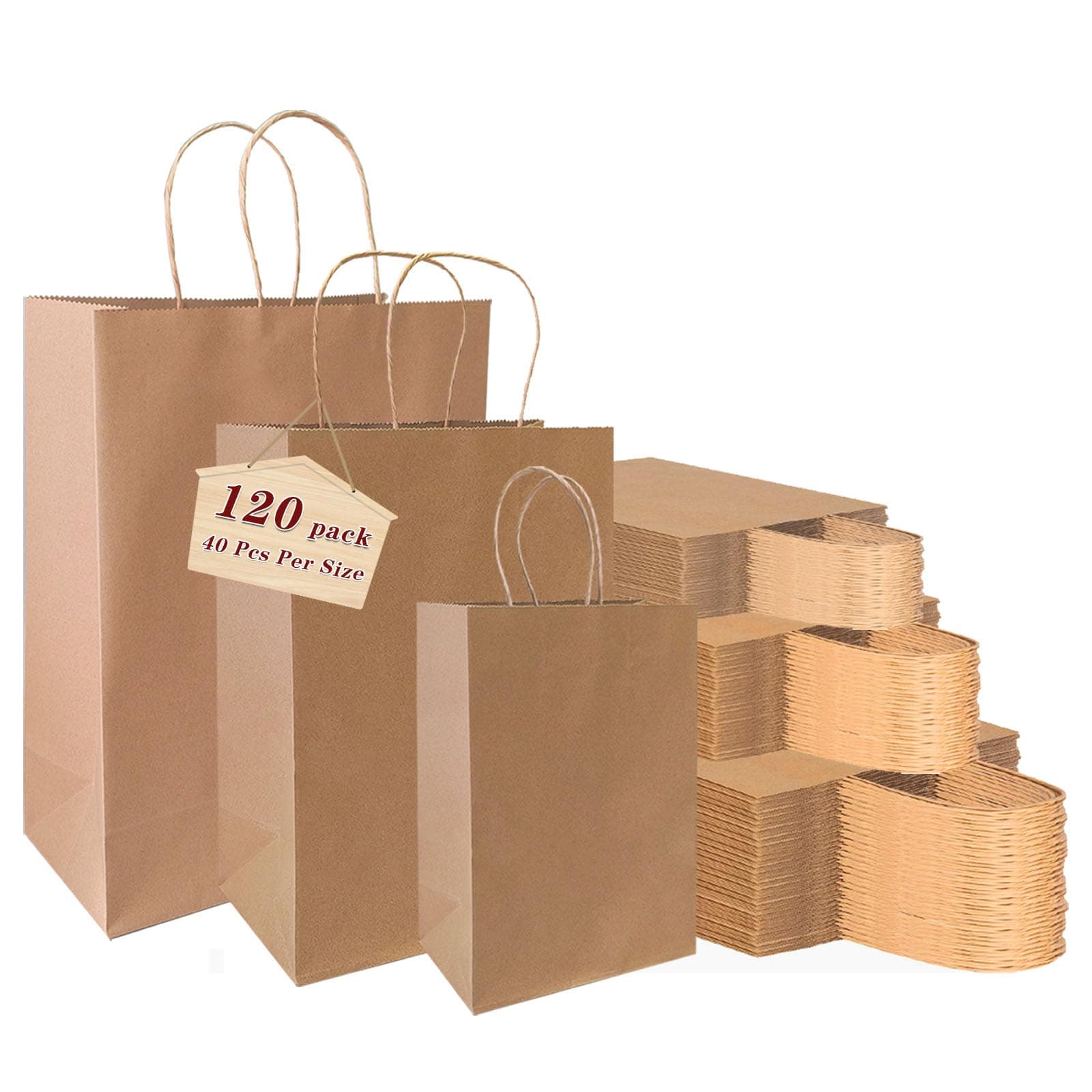 vanhel 120 pack Kraft Paper bags with Handles,Assorted Sizes Gift Bags Bulk Kraft Paper Bags, Weeding,Birthday, Favor,Party,Retail Merchandise Bags…, Brown