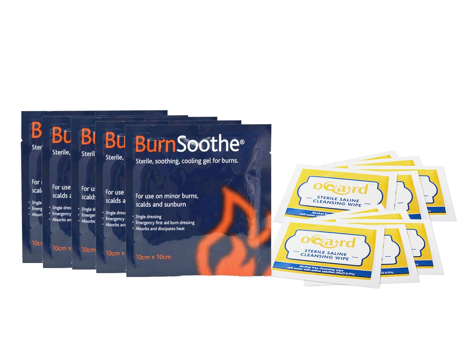 Burnsoothe Burn Dressing 10 cm x 10 cm and Oqard Saline Wipes - 5 Dressing, 10 Wipes