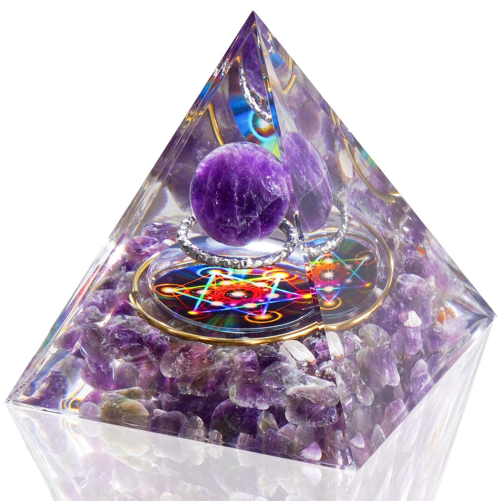 NiHome Handcrafted Orgone Crystal Pyramid with Natural Amethyst & Obsidian - Natural Resin & Gold Foil Energy Balancing Stress Relief Healing Crystal for Meditation, Yoga & Spiritual Growth (Purple)