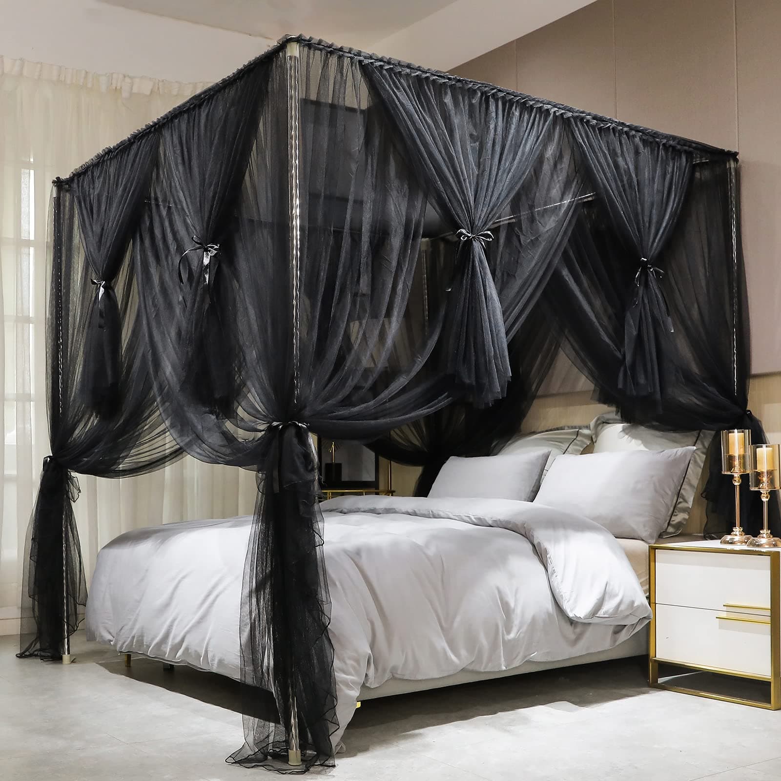Joyreap 4 Corners Post Canopy Bed Curtain Black- Royal Luxurious Cozy Drape Netting - Elegant Bedroom Decoration Accessories for Adults (86" W x 78" L, King)