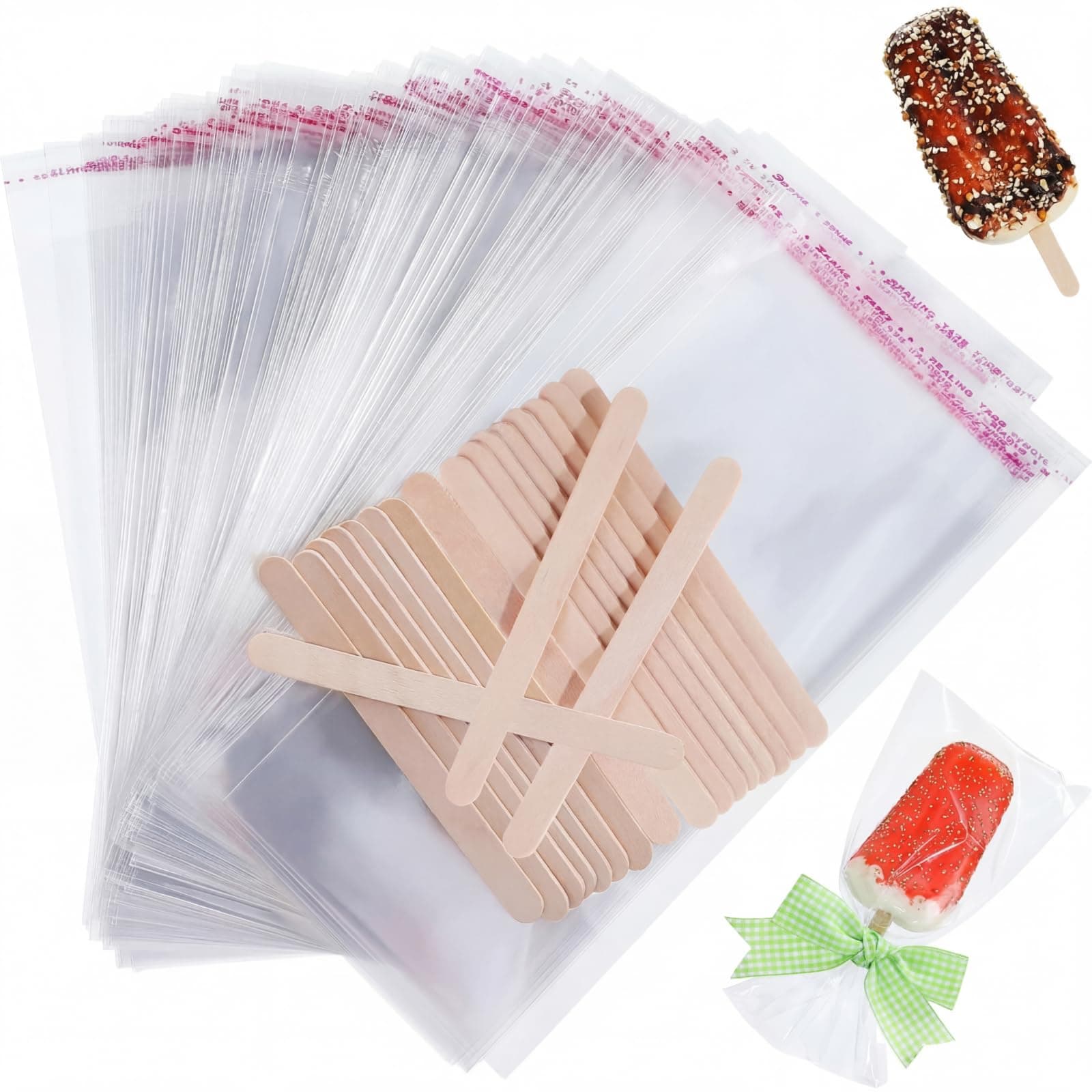 Patelai 400 Pcs Ice Cream Sticks and Bags Set Include 300 Self Adhesive Clear Ice Pop Plastic Bags and 100 Disposable Wooden Sticks Craft Stick for DIY Making Supply, 4.49 Inch,8.27 x3.2inch