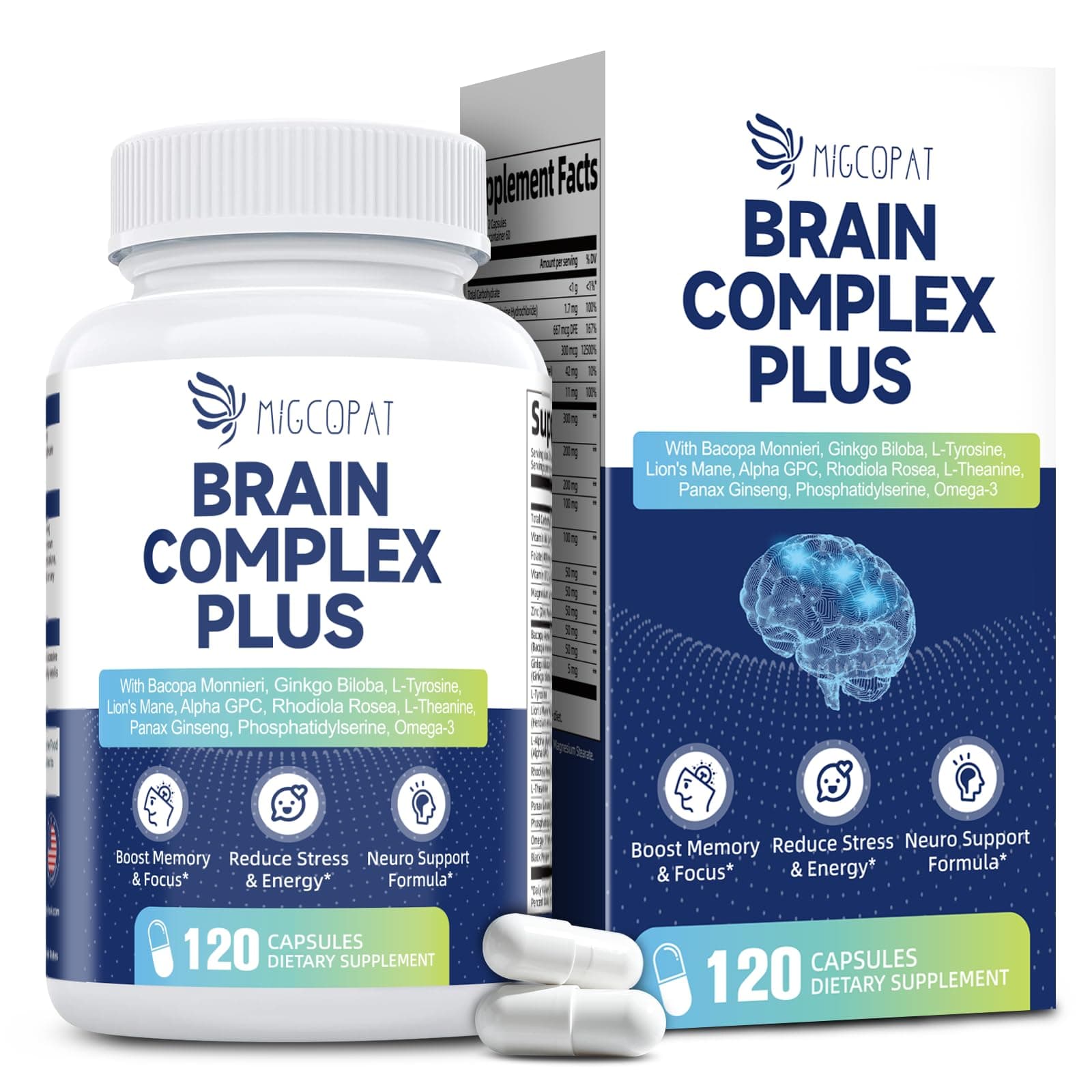 Brain Supplements for Memory & Focus - Nootropic with Bacopa Monnieri, Lion's Mane, Alpha GPC, Phosphatidylserine | Supports Mental Clarity & Cognitive Function | Vitamin B6 & B12-120 Capsules