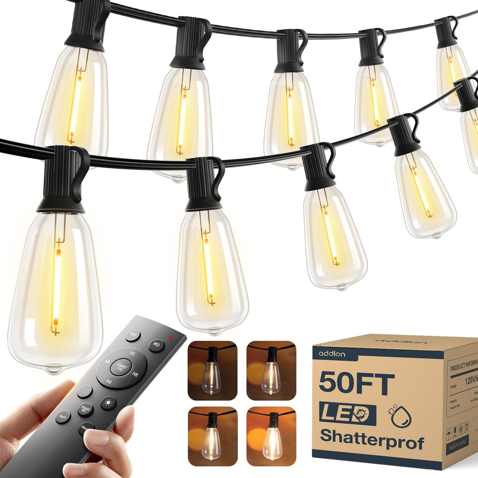 addlon 50FT LED Outdoor String Lights with Remote Waterproof Patio Lights with 16 Shatterproof ST38 Replaceable Bulbs(1 Spare), Dimmable Outside Hanging Light Connectable for Porch, Backyard