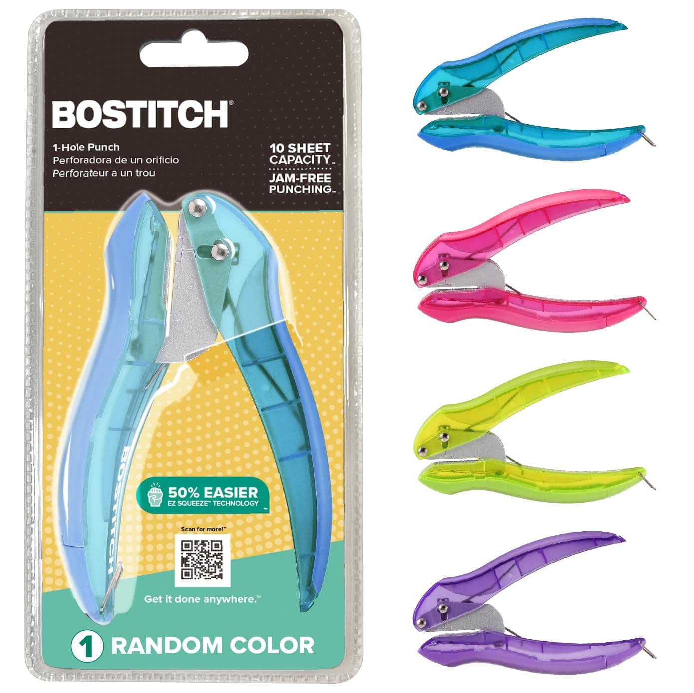 Bostitch Office inLIGHT Reduced Effort One-Hole Punch, One Unit per Package, Assorted Colors, No Color Choice (2401)