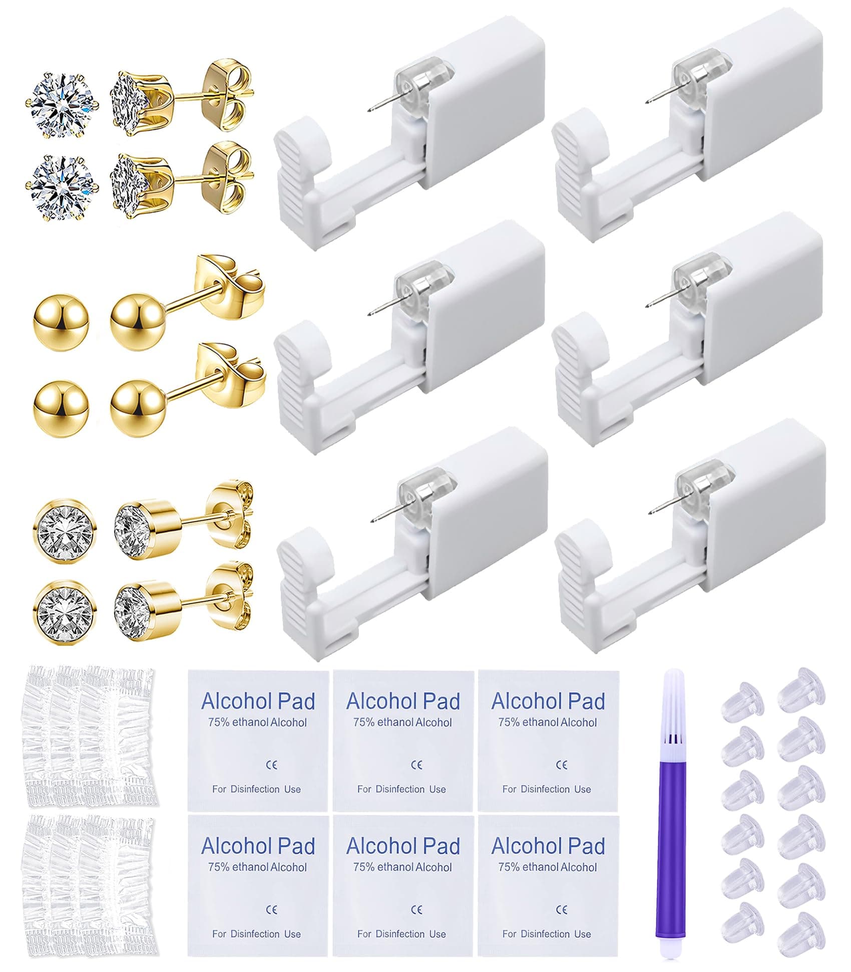 Ear Piercing Kit Disposable Ear Piercing Gun Kit with Sterile CZ Ball Studs Easy and Safe Earring Self for Own at Home(Gold Mixed Patterns 4mm)