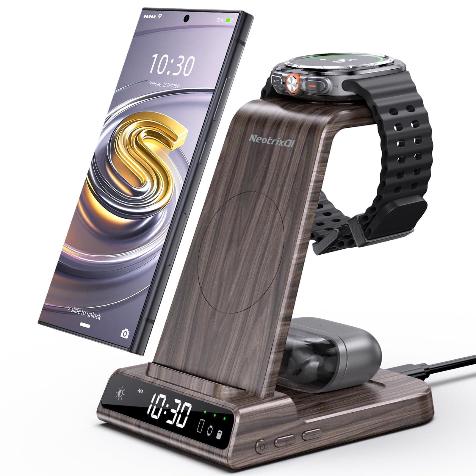 - Wireless Charger Samsung Charging Station: 3 in 1 Android Charging Stand with Dimmable Clock - Nightstand Organizer for Galaxy S25 S24 Ultra, Galaxy Watch 8 7 6 5 4, Galaxy Buds, Space-Saving Charger