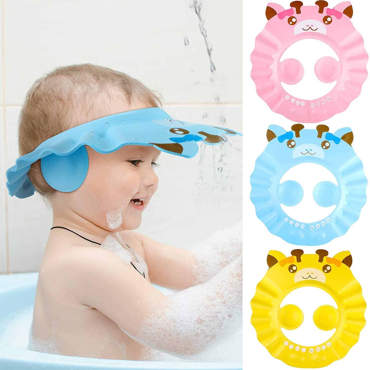 3 Pieces Baby Shower Cap Adjustable Baby Bath Visor Infant Bathing Protection Cap Safe Shampoo Shower Hat with Ear Protection Baby Hair Washing Aids for Baby Toddler Children Kids