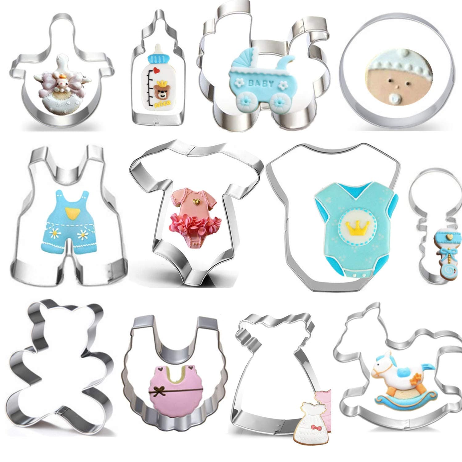 Shaped Cookie Cutter Set 12 Piece Cookie Cutters for Kids Teddy Bear,Onesies,Bib,Rattle,Bottle,Baby Carriage,Rocking Horse Fondant/Biscuit Cutters