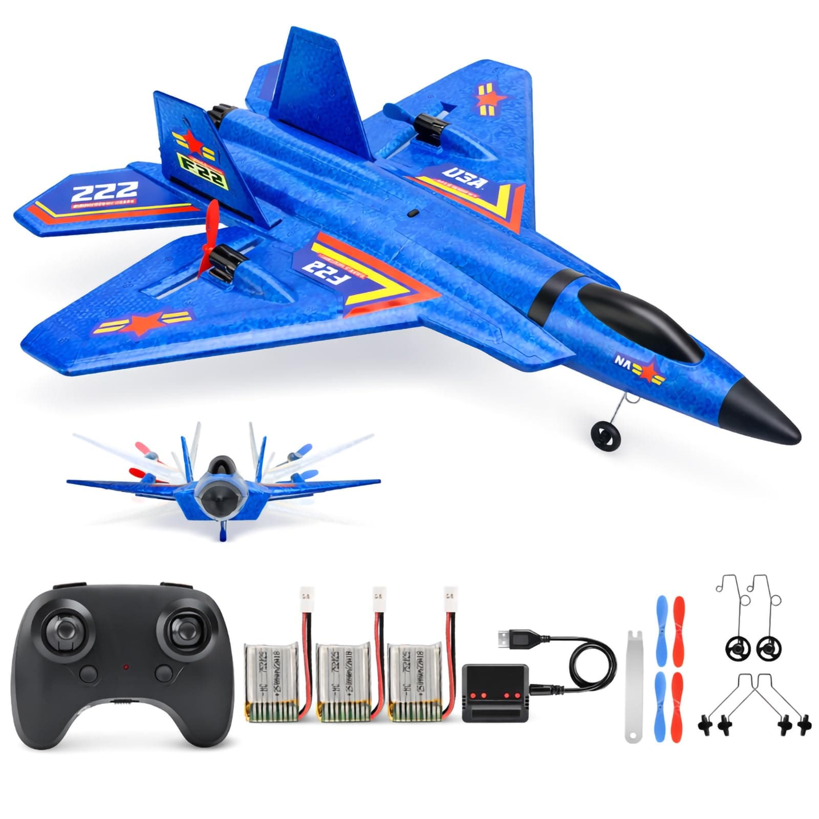 ANTSIR Remote Control Plane F-22 Raptor, 2.4GHz Durable Foam Rc Airplane with Smart Gyro/LED Lights/3 Rechargeable Batteries, RC Jet Glider Toy Gift for Kids Boys Girls 8-16 Year Old (Blue)